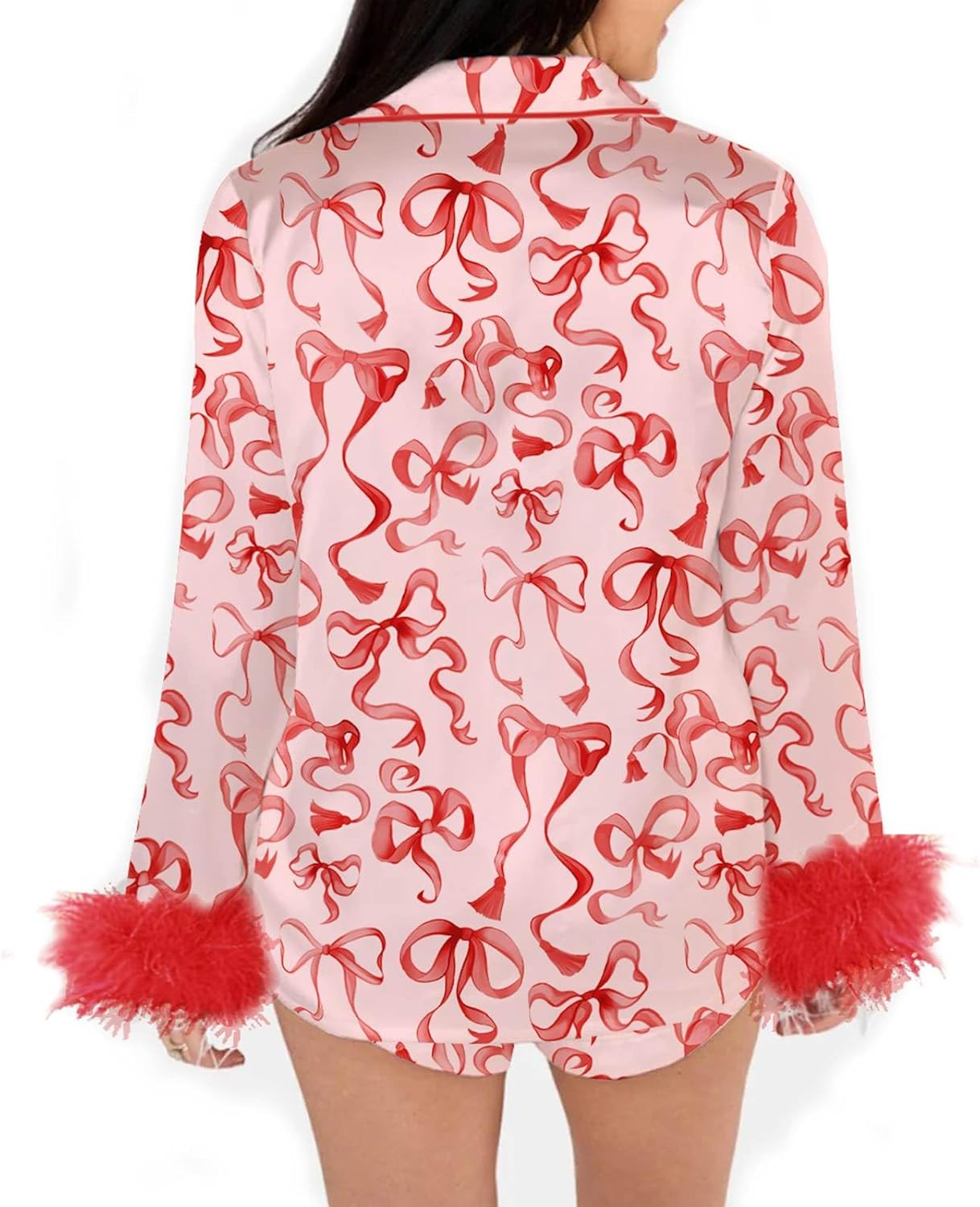 Women's Feather Pajamas with Pockets, Long Sleeve Button Up Shirt and Shorts 2 Piece Pj Set Trendy Sleepwear Outfits - Image 2