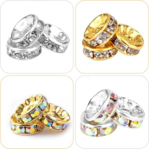 Miniatura 4 de 200 cuentas espaciadoras Rondelle de 0.236 pulgadas chapadas en plata con diamantes de imitación, cuentas sueltas para collares, pulseras,