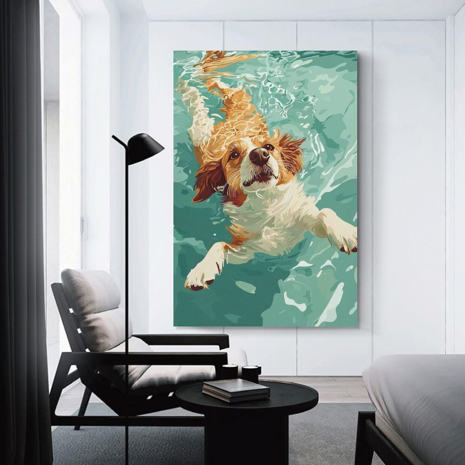 Junmoney Decorative Wall Artwork Dog Swimming in Turquoise Water, 24x36inch(60x90cm), for Living Room, Bedroom Or Apartment Walls, Decorative Artwork for Empty Walls