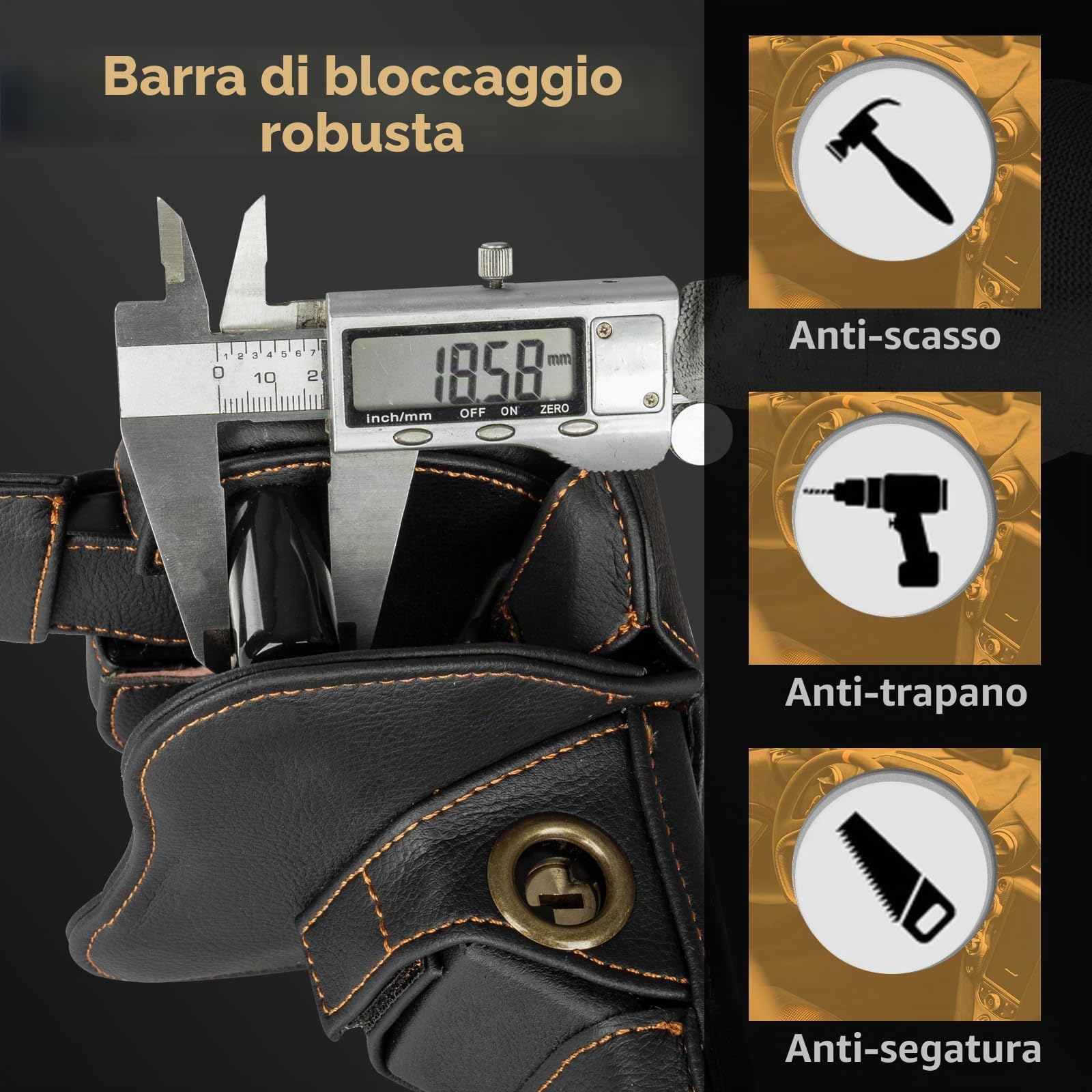 Artiglio per Volante con Doppia Protezione Antifurto - Bloccasterzo per Auto con Blocco Universale Regolabile Rivestimento in Pelle e 2 Chiavi Nero - Per Auto Camper SUV Camion