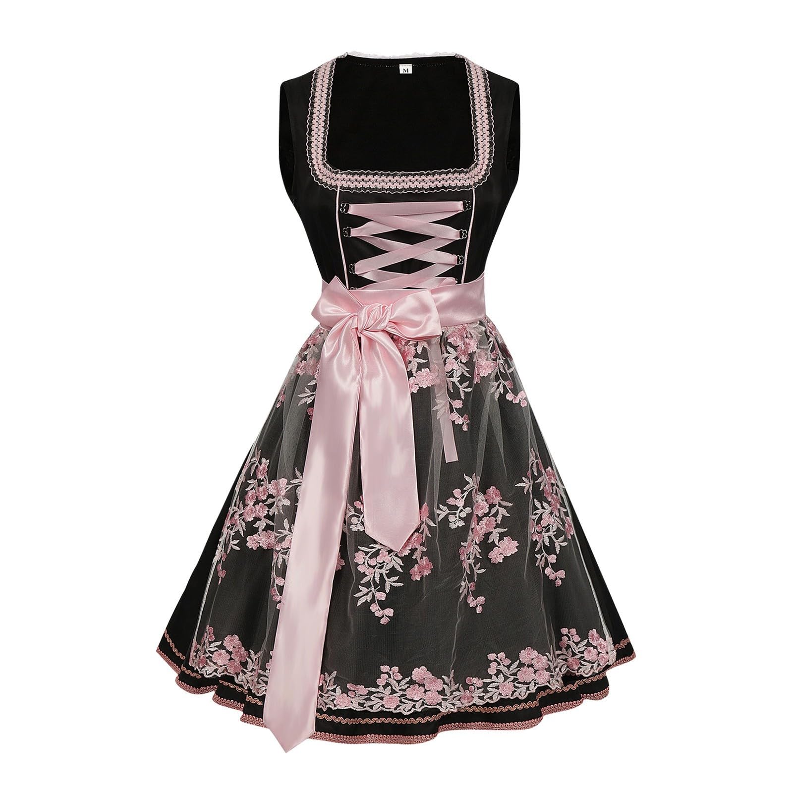 Oktoberfest Midi Dirndl Damen Mit Blumenmuster-Brustteil, Blauschlauem Bindschnur-Design Mit Spitze, Rock Und Spitzenbesatz Cosplay Trachtenkleid
