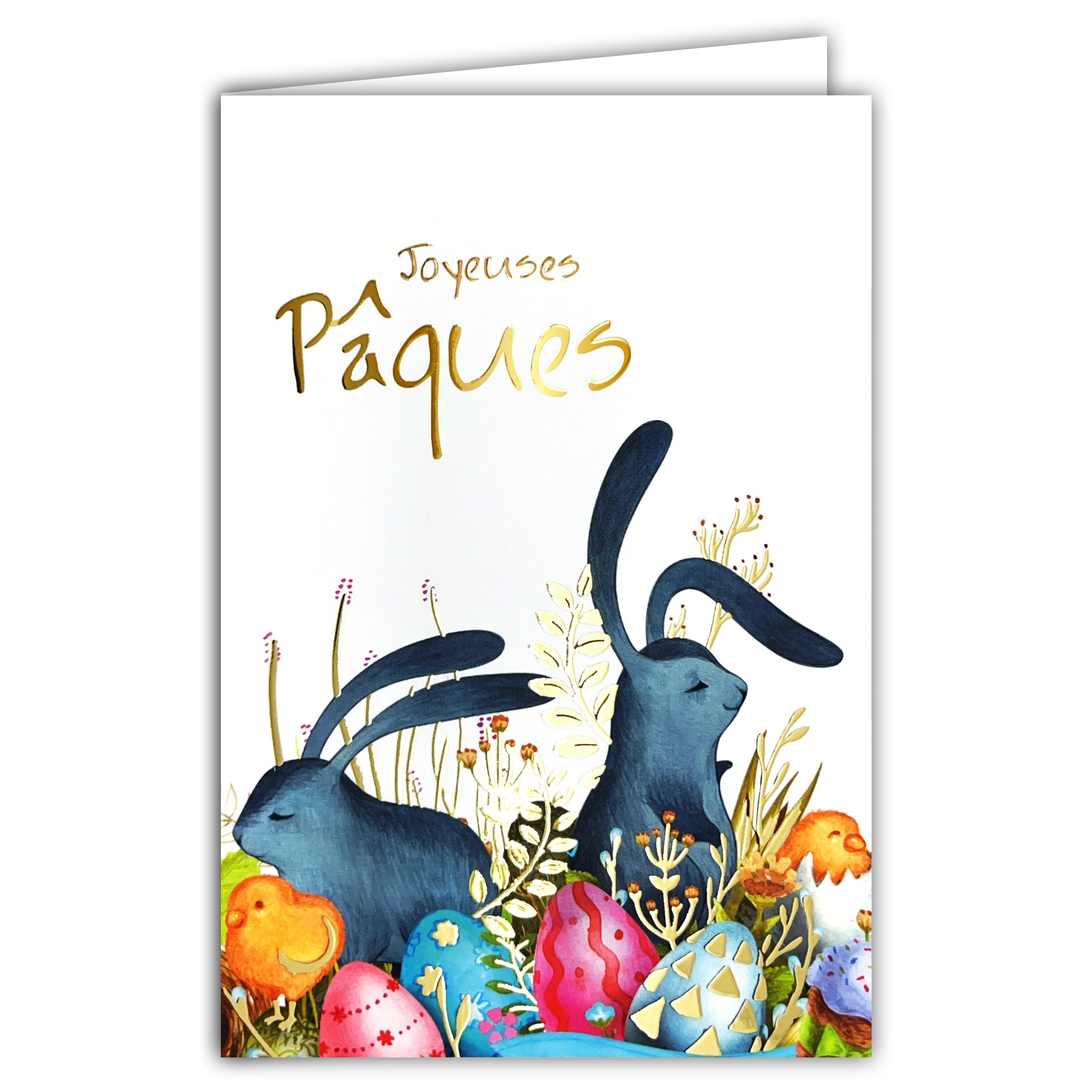 62-1025 Happy Easter Card in Shiny Gold Gold with Envelope 12 x 17.5 cm Illustration Rabbits Chick Painted Egg Hunt Party Spring Painting Creation Edition Print Made in France