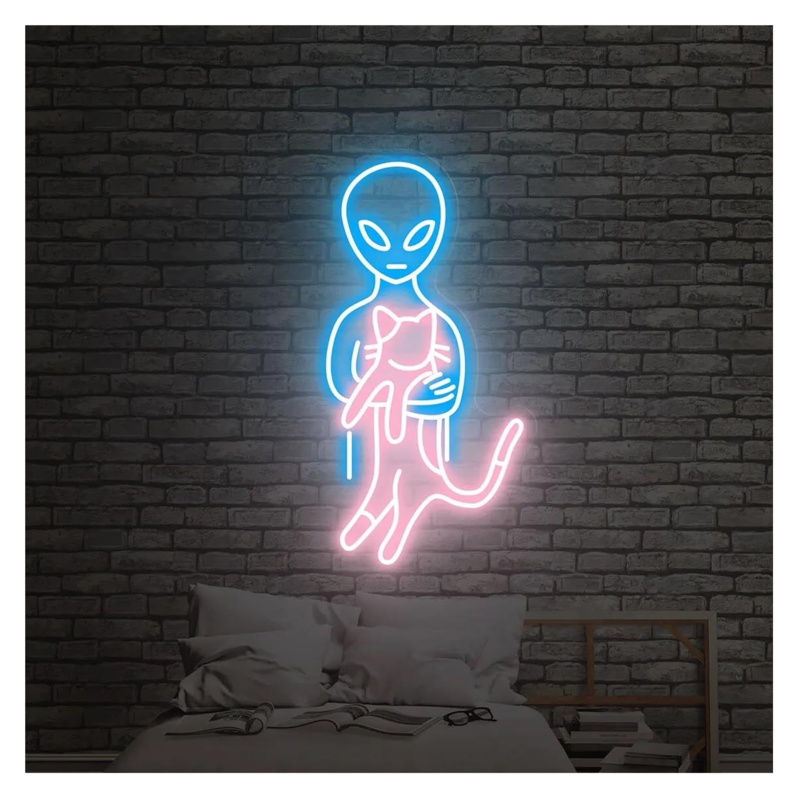 LEMST Signs Lamp UFO Cat Neon Sign Alien Neon Sign Bedroom Art Lamp Decor Apartment Home Wall Decor 22X42cm(C)