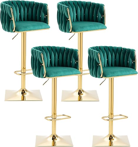 Miniatura 10 de Juego de 2 taburetes de bar giratorios de terciopelo, taburetes de bar ajustables y cómodos, silla de comedor moderna con respaldo tejido, taburetes