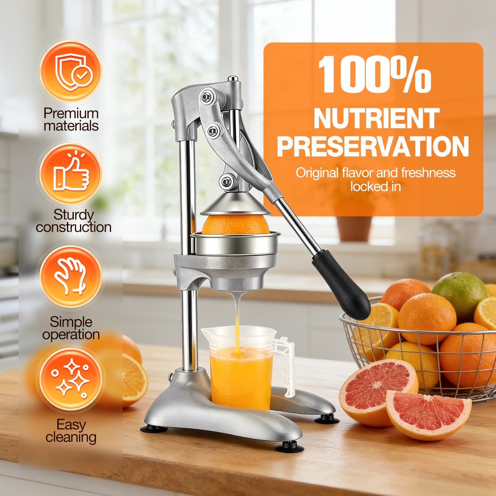 Saftpresse Manuell Profi, Zitruspresse mit Hebel für Orangen Zitronen Grapefruit, Gastro Qualität Aluminium Edelstahl, kraftsparende Fruchtpresse ohne Strom inklusive 500ml Messbecher
