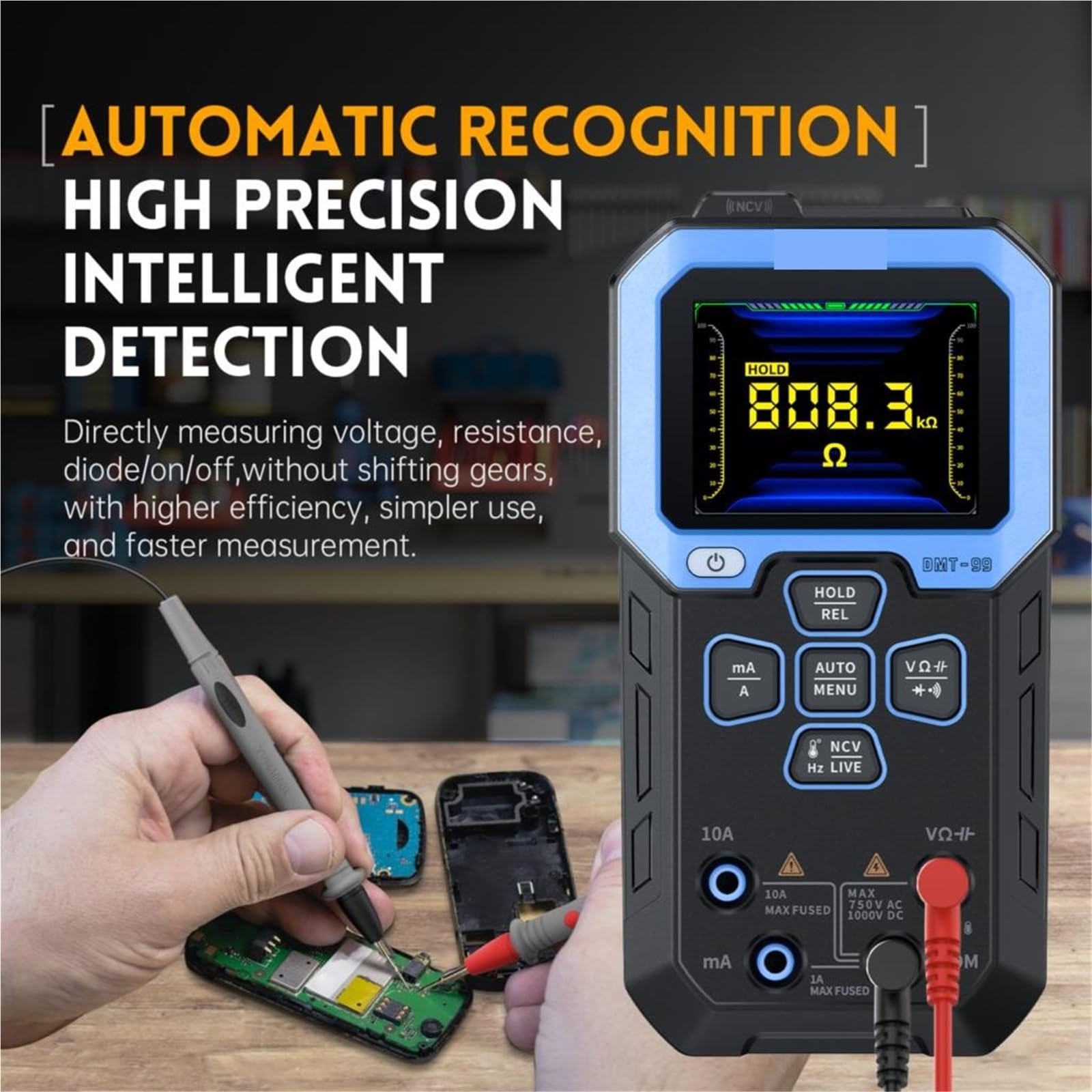 Multimetro, Multimetro digitale 9999 conteggi tester professionale intelligente 1000V 10A vero valore efficace gamma automatica AC DC Ohm Hz capacità