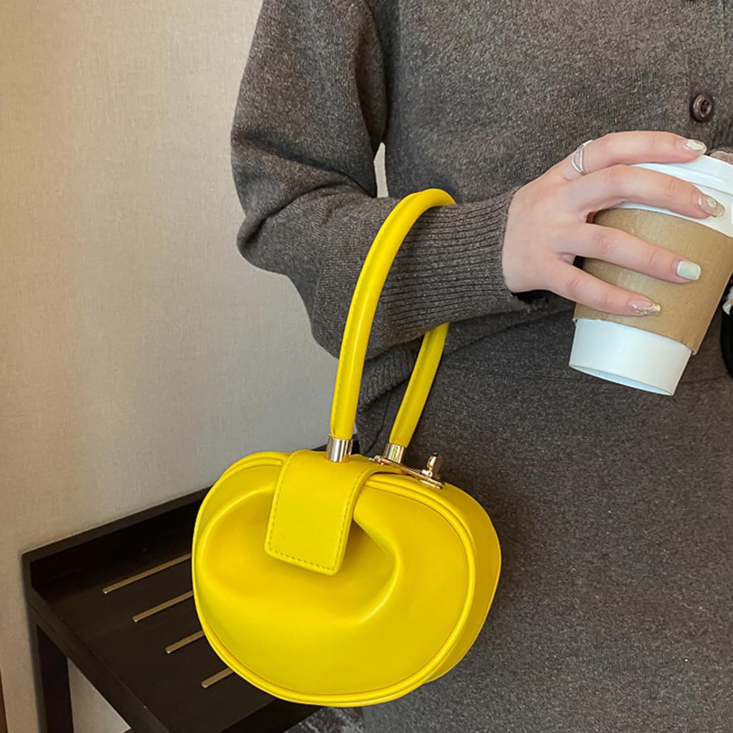 Genuine Leather Handbag, Dumplings Wonton Shoulder Bag, Retro Hobo Wristlet Bag, Women’s Evening Bag with Buckle Lock