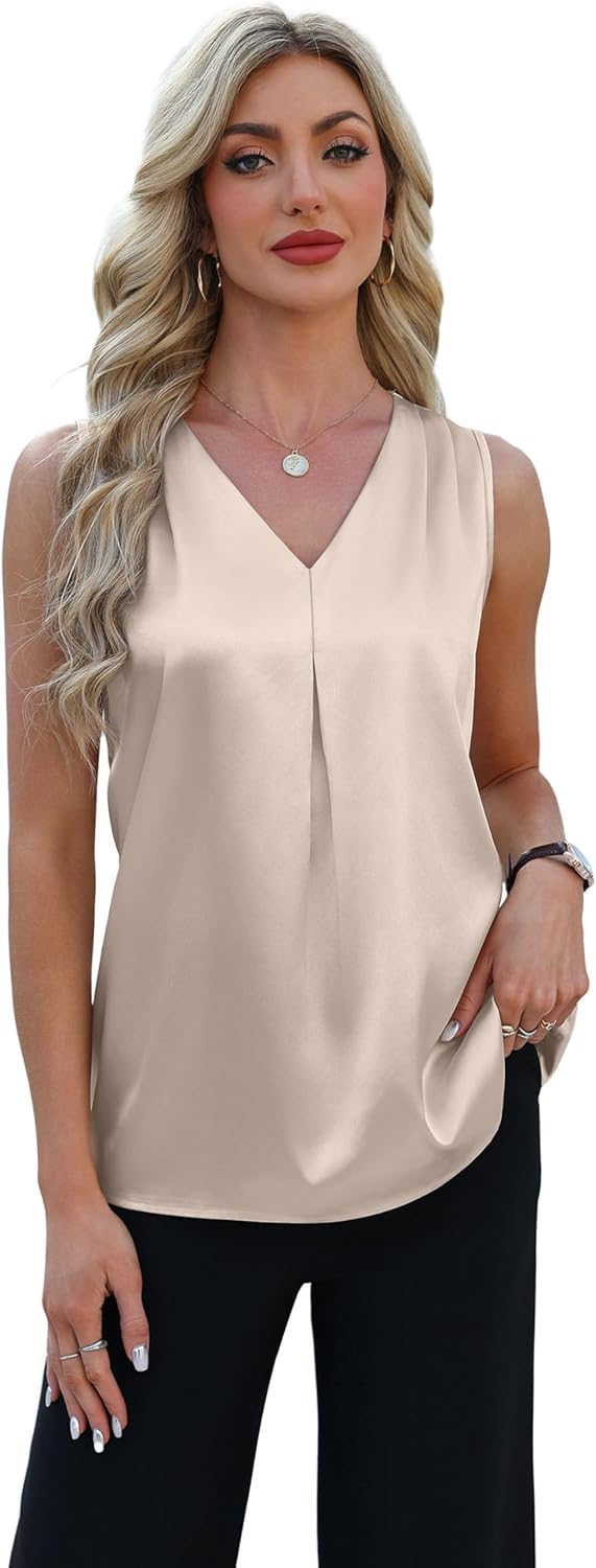 OFEEFAN Womens Tank Tops V Neck Silk Satin Camisole Pleated Sleeveless Blouses Dressy Casual Business Summer Basic Tank Shirt - Image 3
