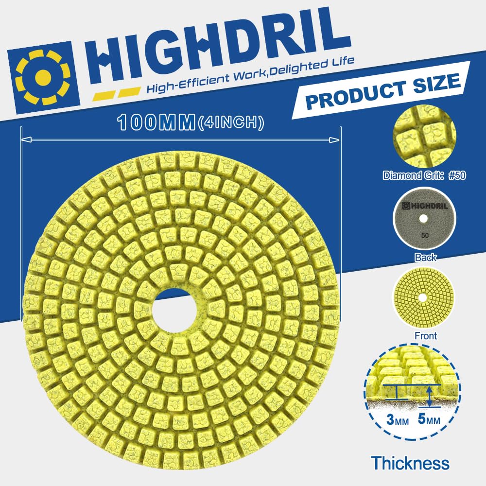 HIGHDRIL Disque de Polissage Diamant 12 Pièces - 100mm Grain #50 Humide Diamant Polissage Pads pour Marbre Granite Pierre Béton