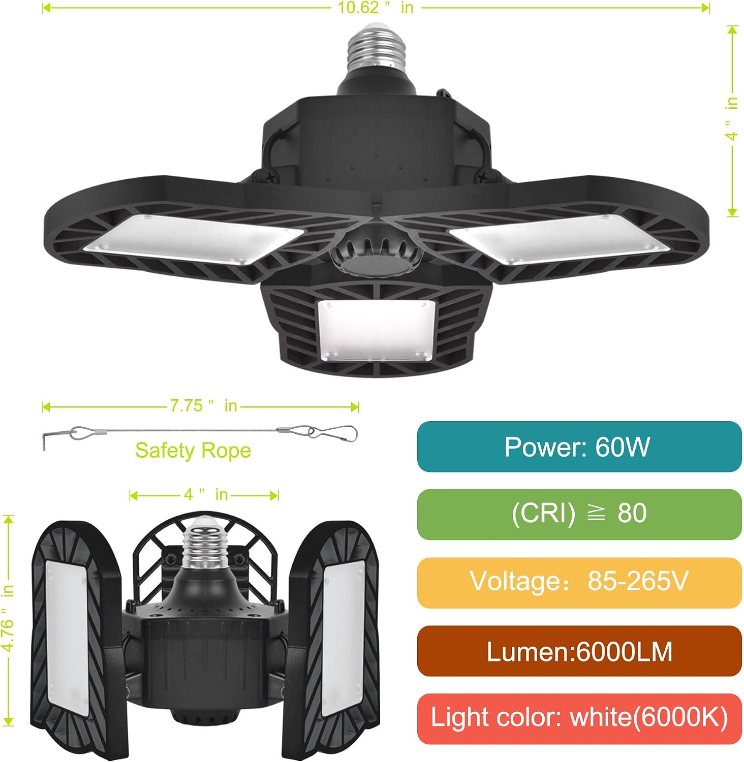 comzler Garage Lights 2 Pack E26 Deformable LED Garage Lights 60W 6000lm Adjustable Triple Glow LED Shop Light Bulb 6000K Daylight Color for Garage Working Light Barn Light (No Sensor)