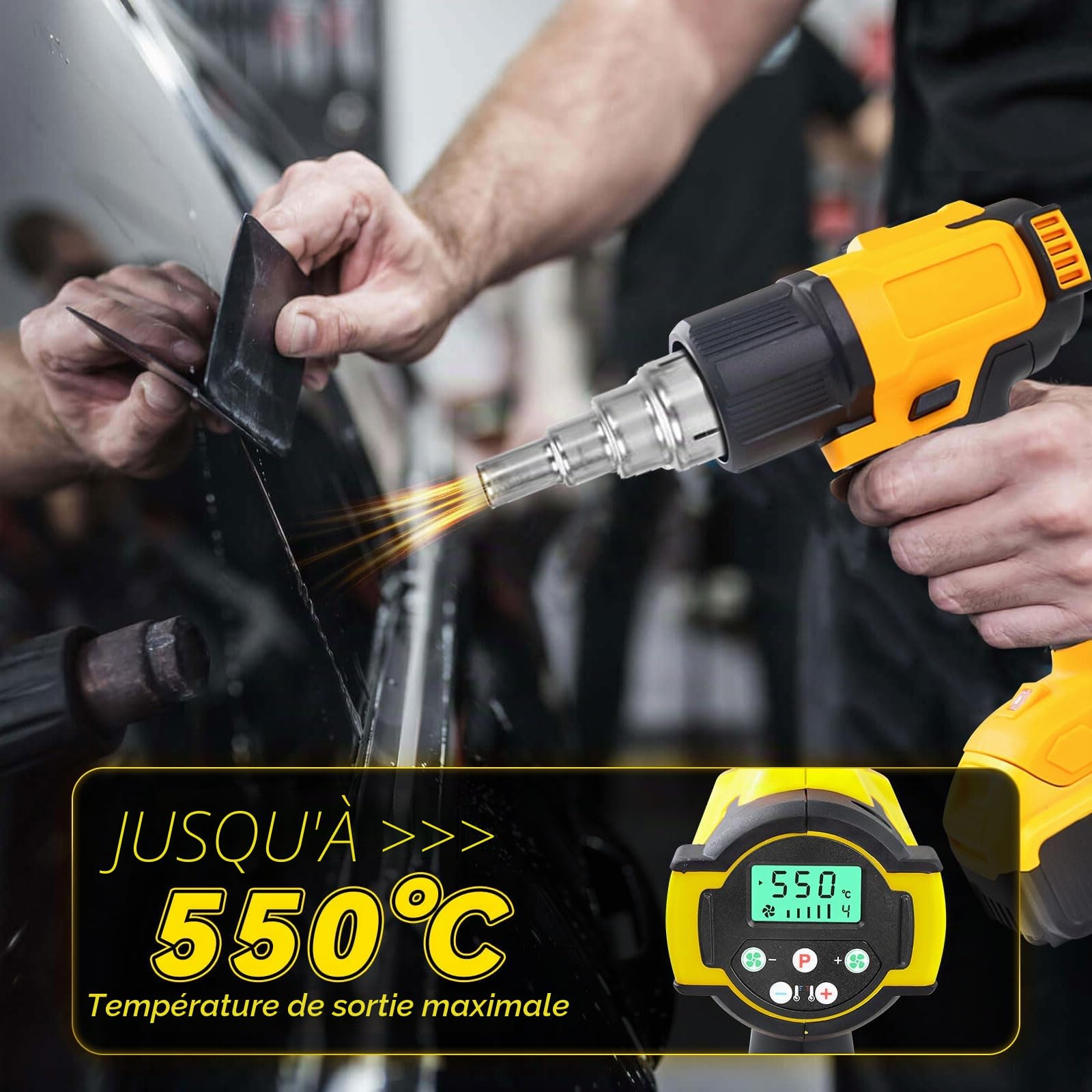 Pistolet thermique sans fil pour batterie Dewalt 20 V, pistolet à air chaud 50 ℃ à 550 ℃ avec affichage numérique, chauffage rapide, température et débit d'air réglables avec 5 buses