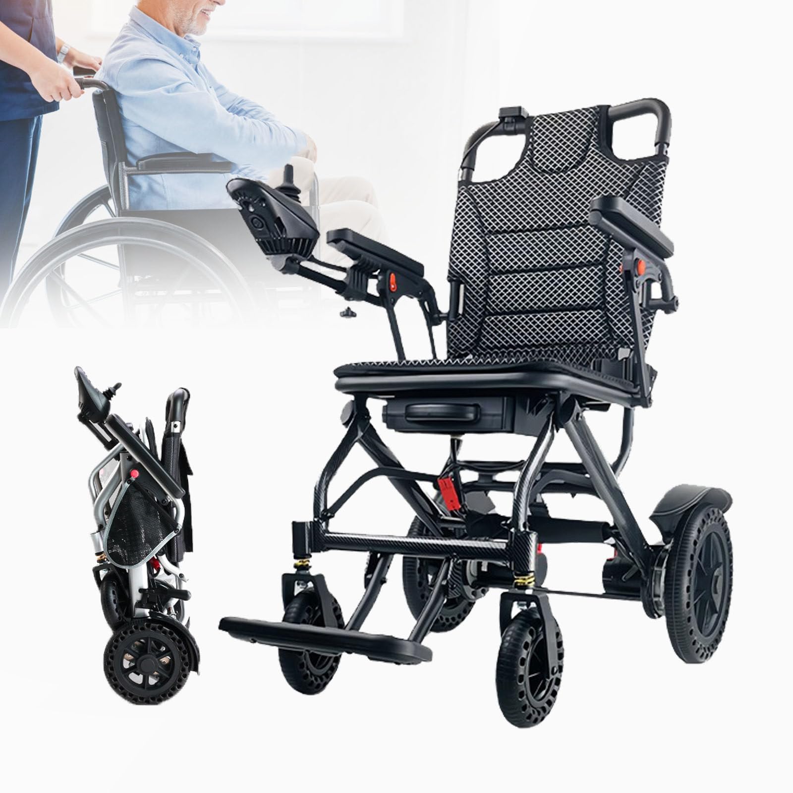 Silla de ruedas eléctrica para adultos, marco de aluminio ligero, diseño plegable todo terreno, almohadillas suaves desmontables, ideal para viajes y uso diario