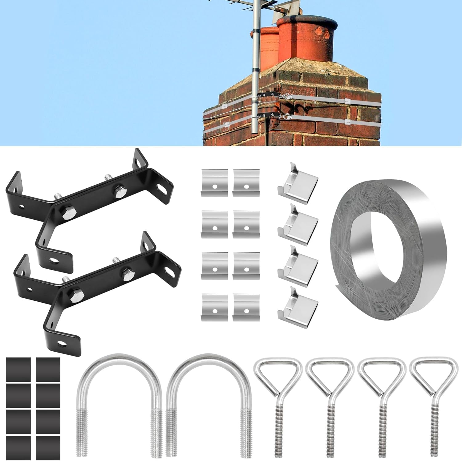 Chimney Antenna Mount with 49ft Galvanized Steel Strip and Accessories, Y-Type Chimney Antenna Mounting Kit for Chimney