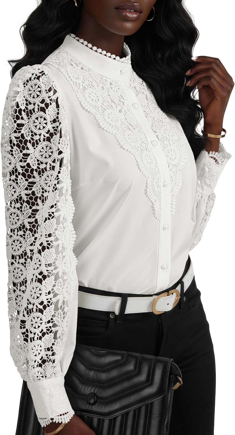 Rooscier Women's Lace Crochet Mock Neck Long Sleeve Button Elegant Blouse Shirt Top - Image 4
