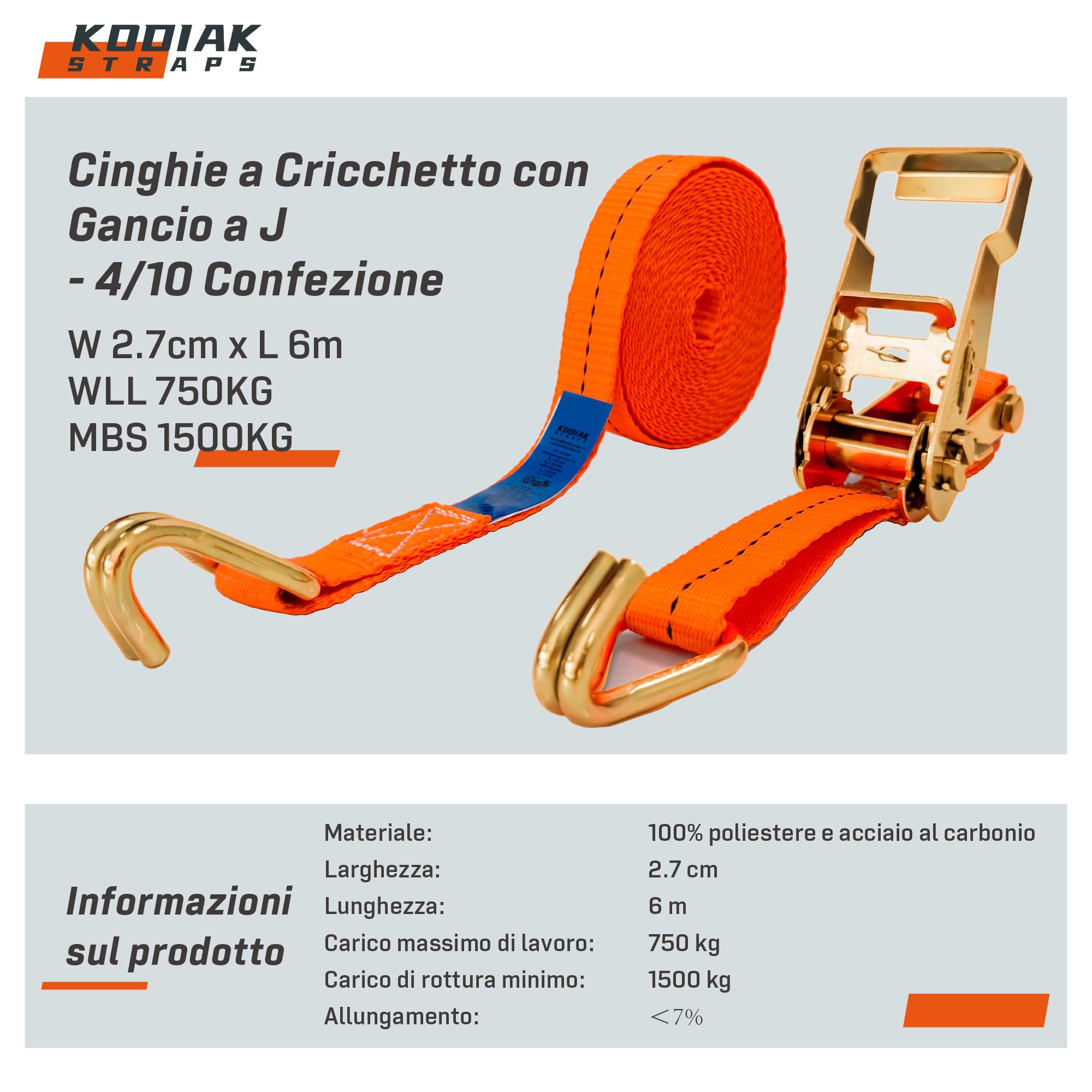 10 Cinghie di Tensione 6m x 1500kg con Cricchetto e Ganci - Cinghie a Cricchetto da 27mm - Cinghia Arancione per la Sicurezza del Carico - Certificato TÜV/GS e secondo DIN EN 12195-2 - KODIAK STRAPS