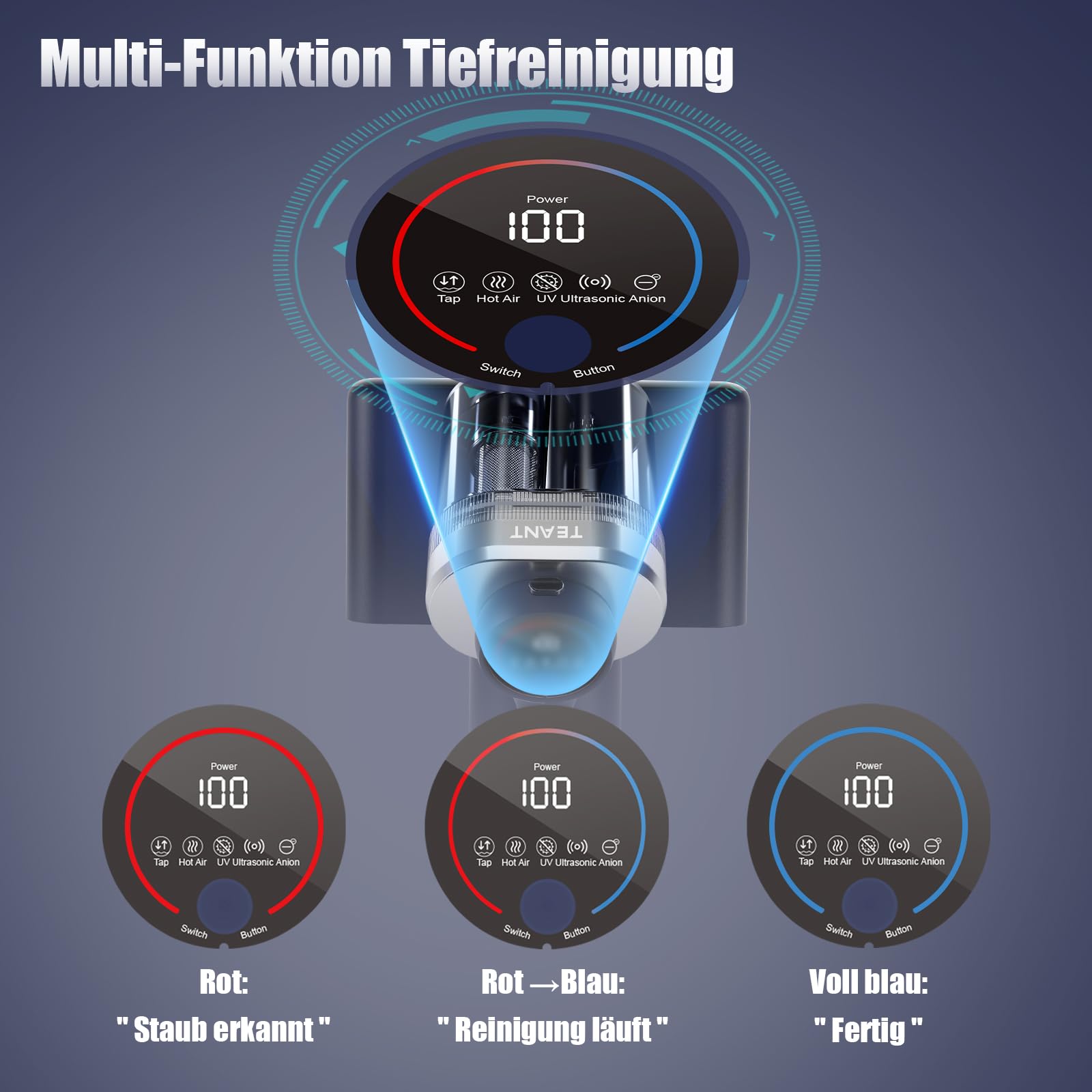 Teant Milbensauger für Matratzen mit UV Licht, 16kPa Matratzensauger mit LED Display, 65℃ Heißluft & HEPA, Ultraschall, Aromatherapie, Dual-Cup Matratzenreiniger für Bett/Teppich/Sofa/Tier/Allergiker