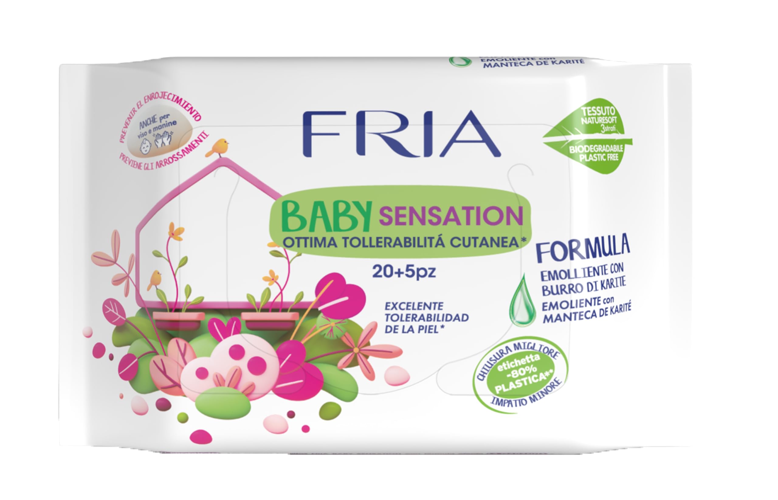 Fria Baby Sensation Salviette per Cambio Pannolino, con Burro di Karitè ad Azione Emolliente sulla Pelle, Dermatologicamente Testate, Pratica Confezione da Borsa con 20+5 Salviette