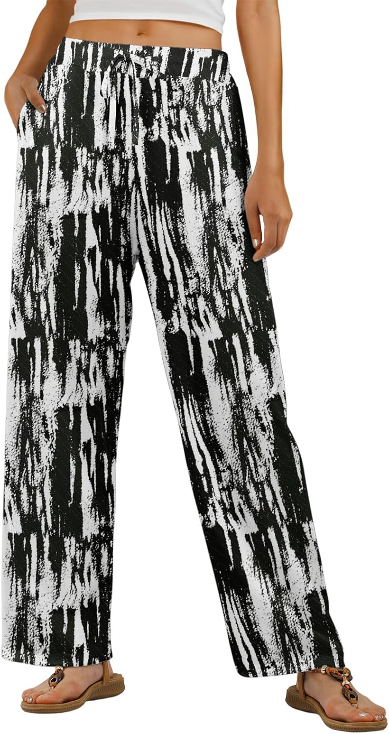 Feiersi Womens Wide Leg High Waisted Palazzo Pants Casual Stretchy Ribbed Trousers with Pockets