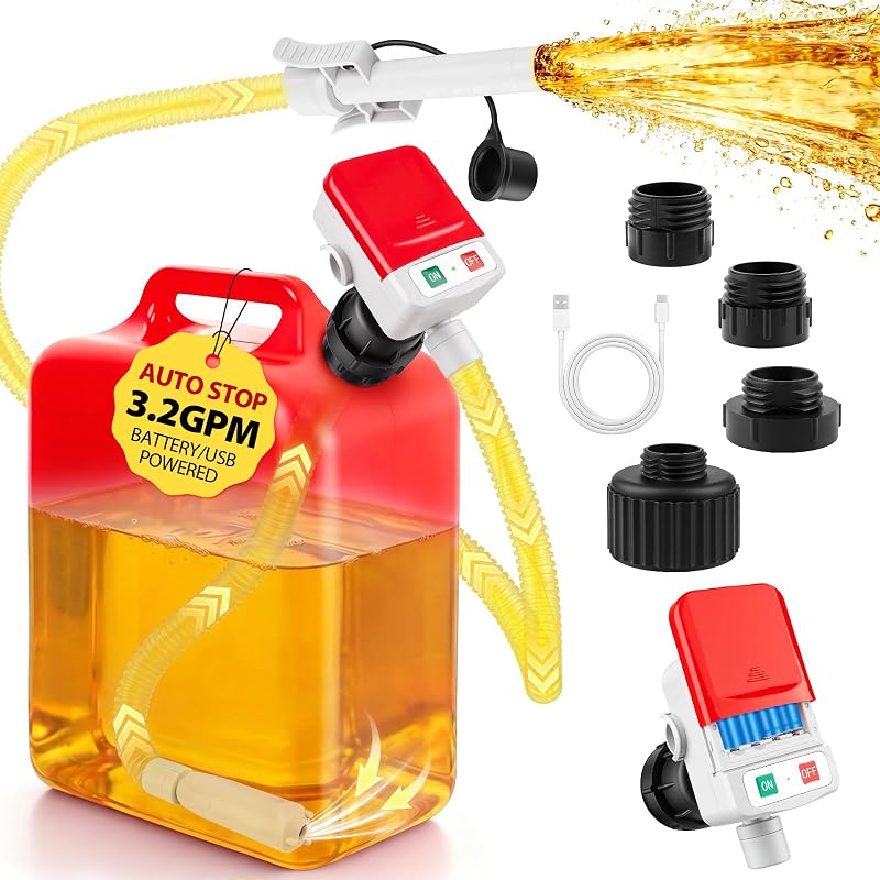Bomba de Transferência de Combustível com Sensor de Parada Automática, Vazão de até 12,1 L/min, USB ou 4 Pilhas AA, Mangueira de 129,5 cm Aikyciu