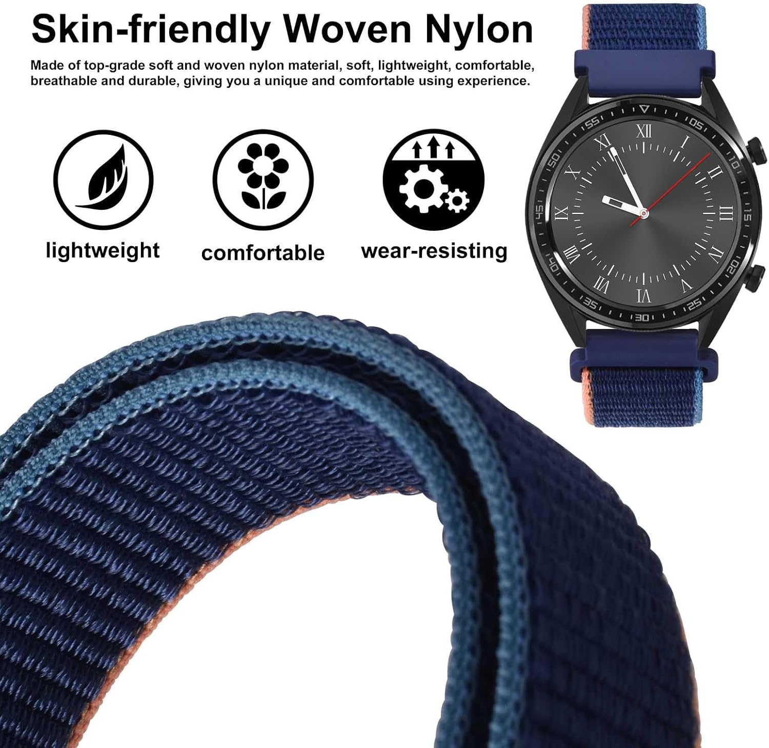 WOCCI 18mm Adjustable Nylon Watch Band, Quick Release Sport Loop Strap (Navy Blue)