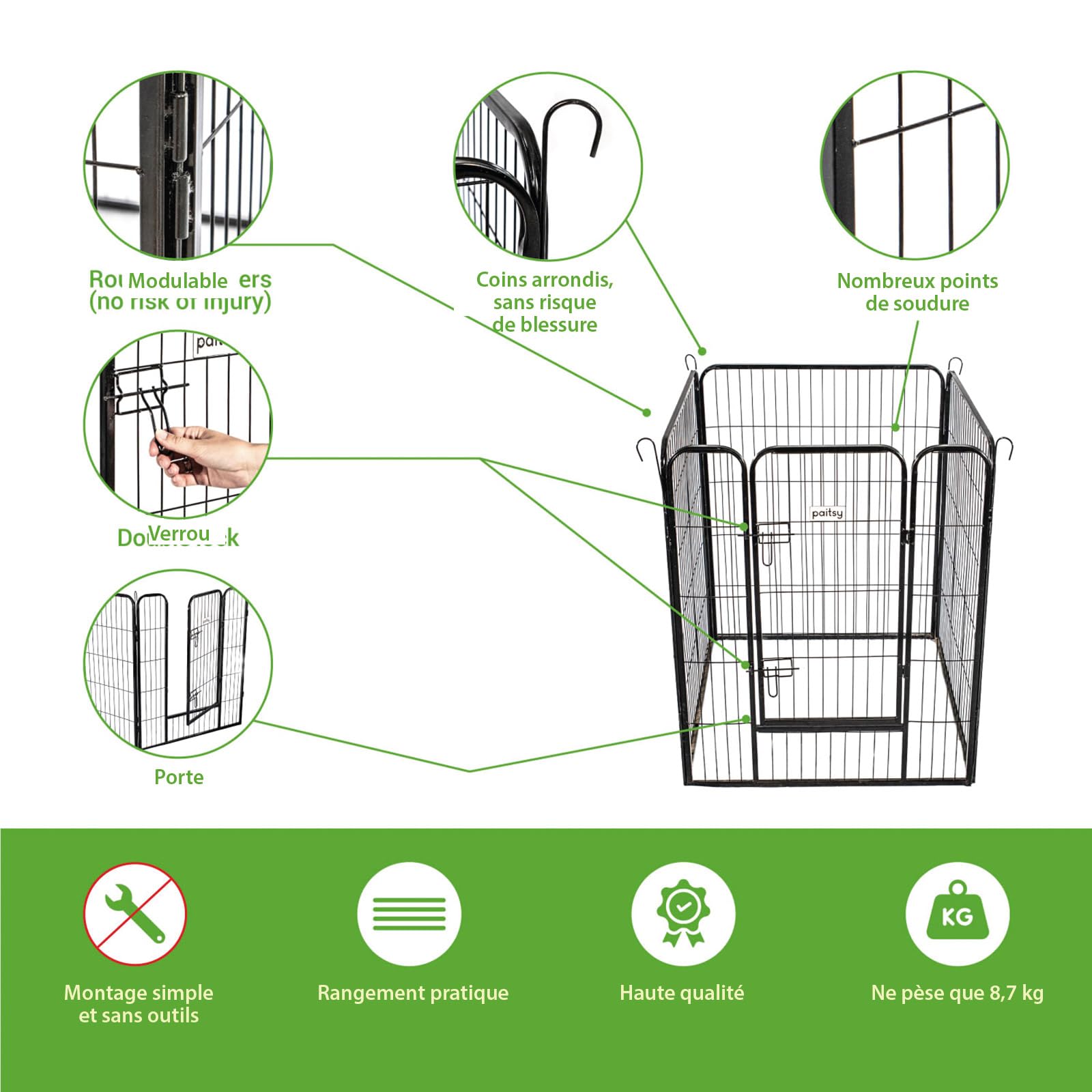 Parc Enclos pour Chien Chiot et Lapin GARDEO80x100x4, 4 Panneaux 80X100cm, 0,64M2, modulable, intérieur et extérieur, Pliable, Garantie 5 Ans