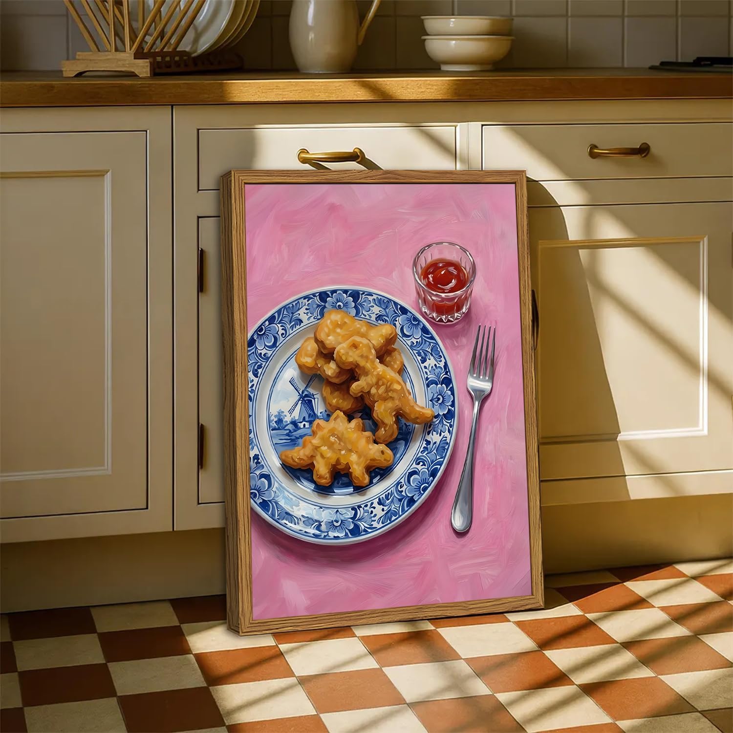 Framed Funny Kitchen Wall Art, Dino Nuggets Pictures Wall Decor, Pink Dopamine Food Paintings Canvas Prints Eclectic Home Decor for Dining Room Living Room Nursery 12x16 inch image 4
