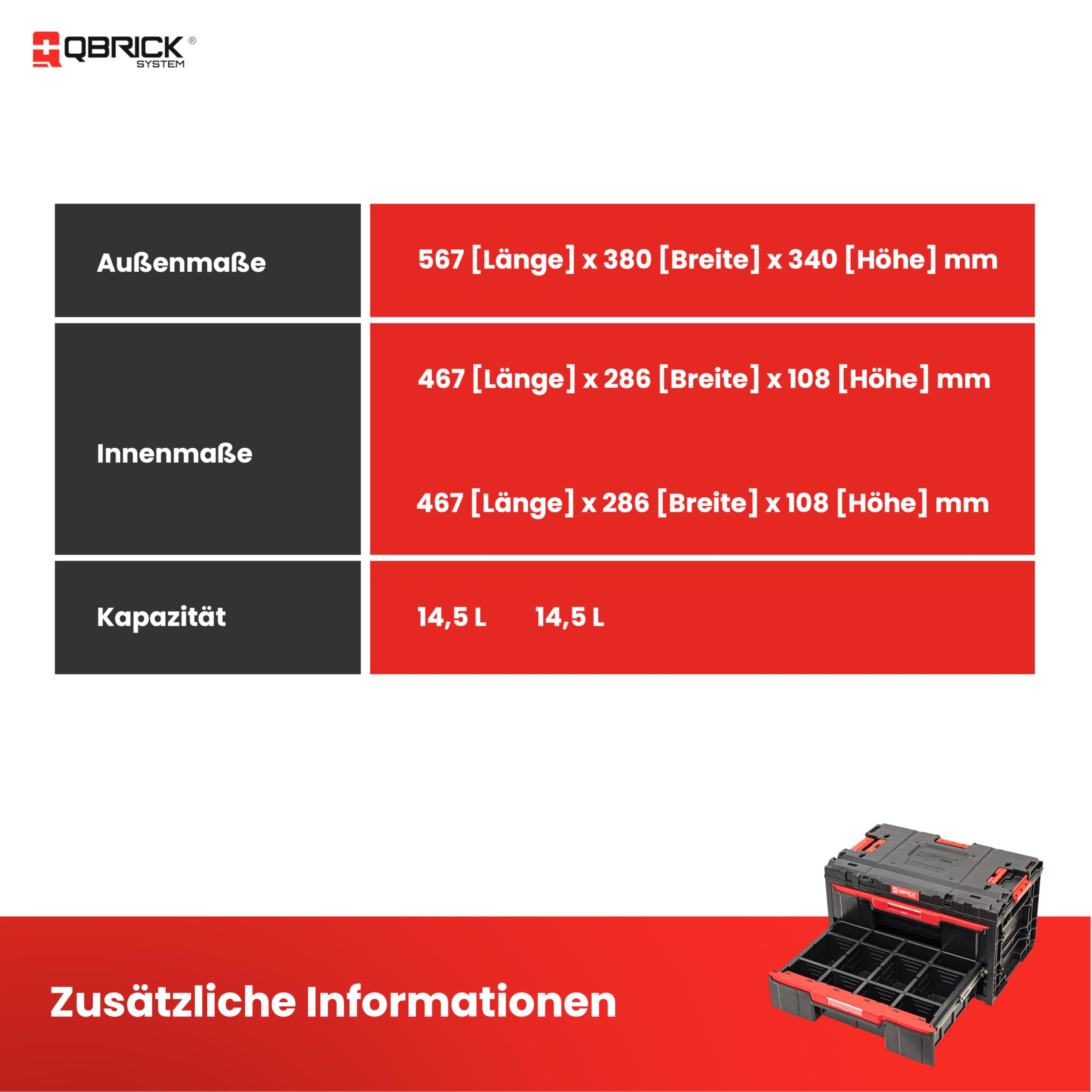Qbrick System Werkzeugkoffer One Drawer 2 Toolbox 2.0 Black Werkzeugkasten mit 2 Schubladen IP66 Robust 24 kg Tragkraft Modular