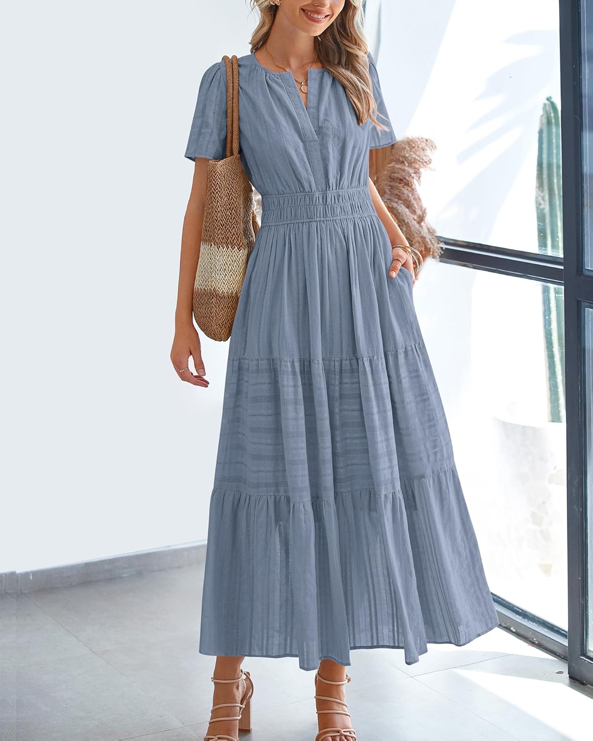 BTFBM Womens Summer 2026 Casual Midi Maxi Dresses Lightweight Short Sleeve V Neck Elastic Waist Boho Beach Dress Pockets - Image 2