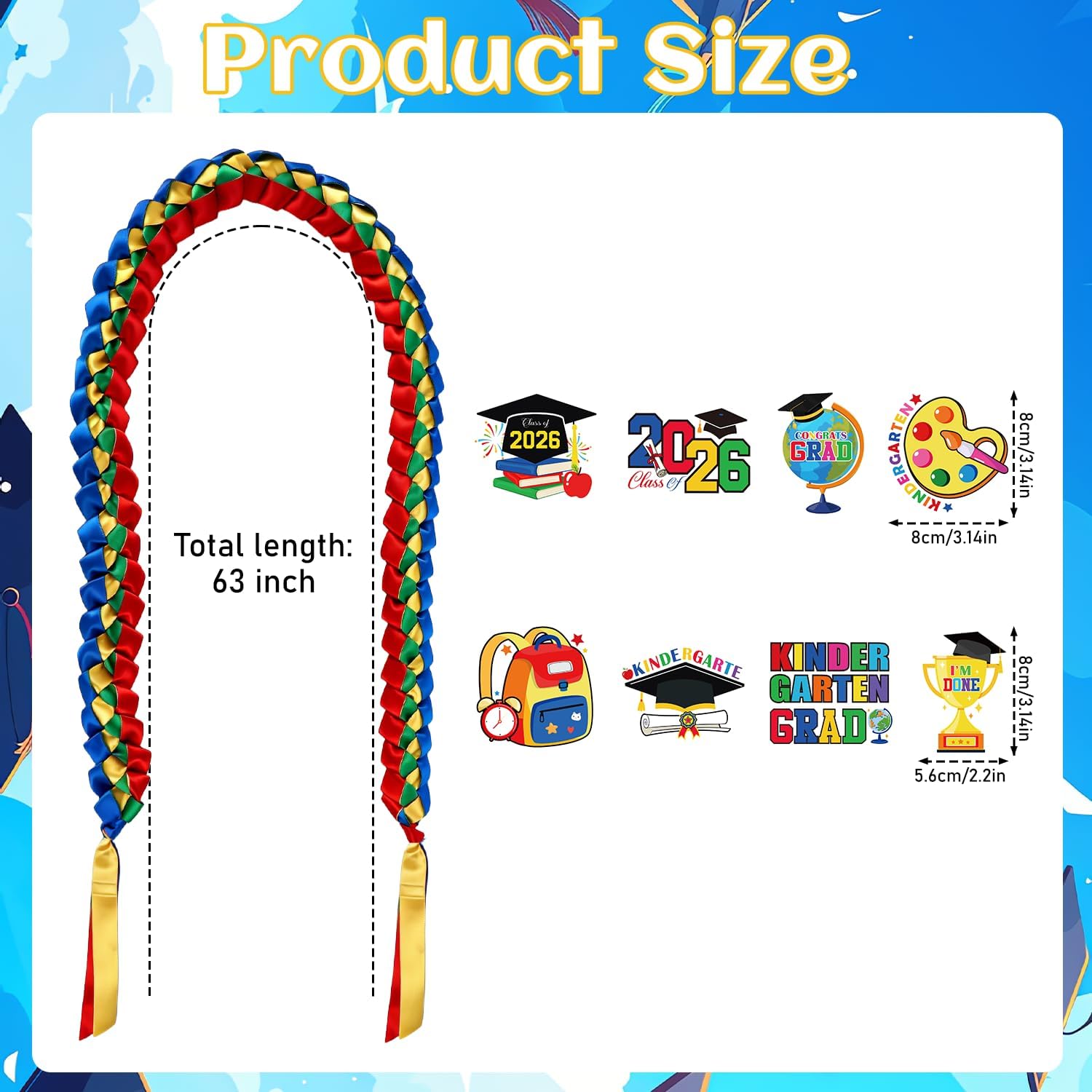 Kindergarten Graduation Leis Set - Class of 2026 Preschool Graduation Ribbon Lei Kit with Candy Lei Tubing Pins Stickers Braided Necklace Gifts for Congrats School Grad Supplies