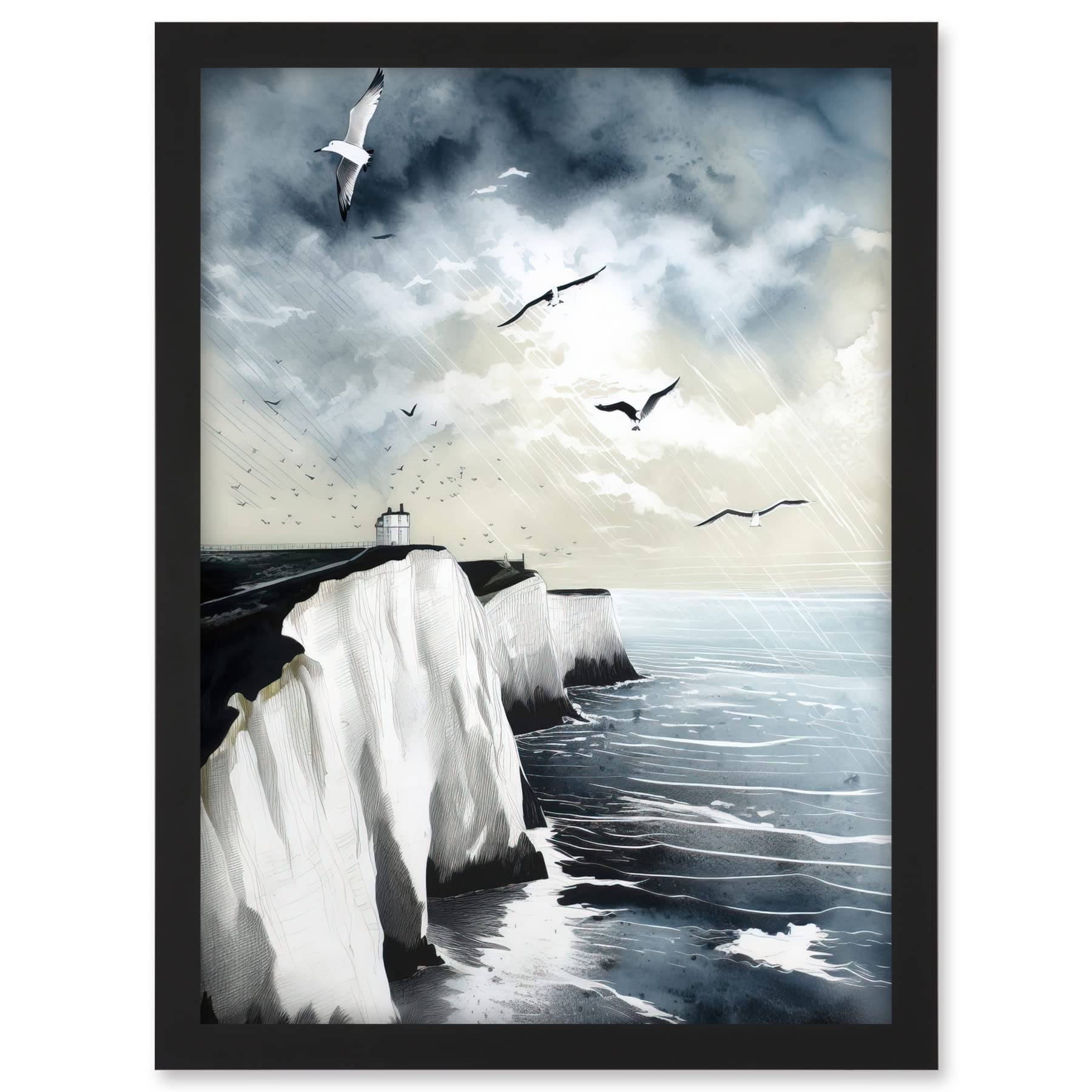 Artery8 Seagulls Flying Over the White Cliffs of Dover in England Modern Linocut Print Artwork Framed A3 Wall Art Print