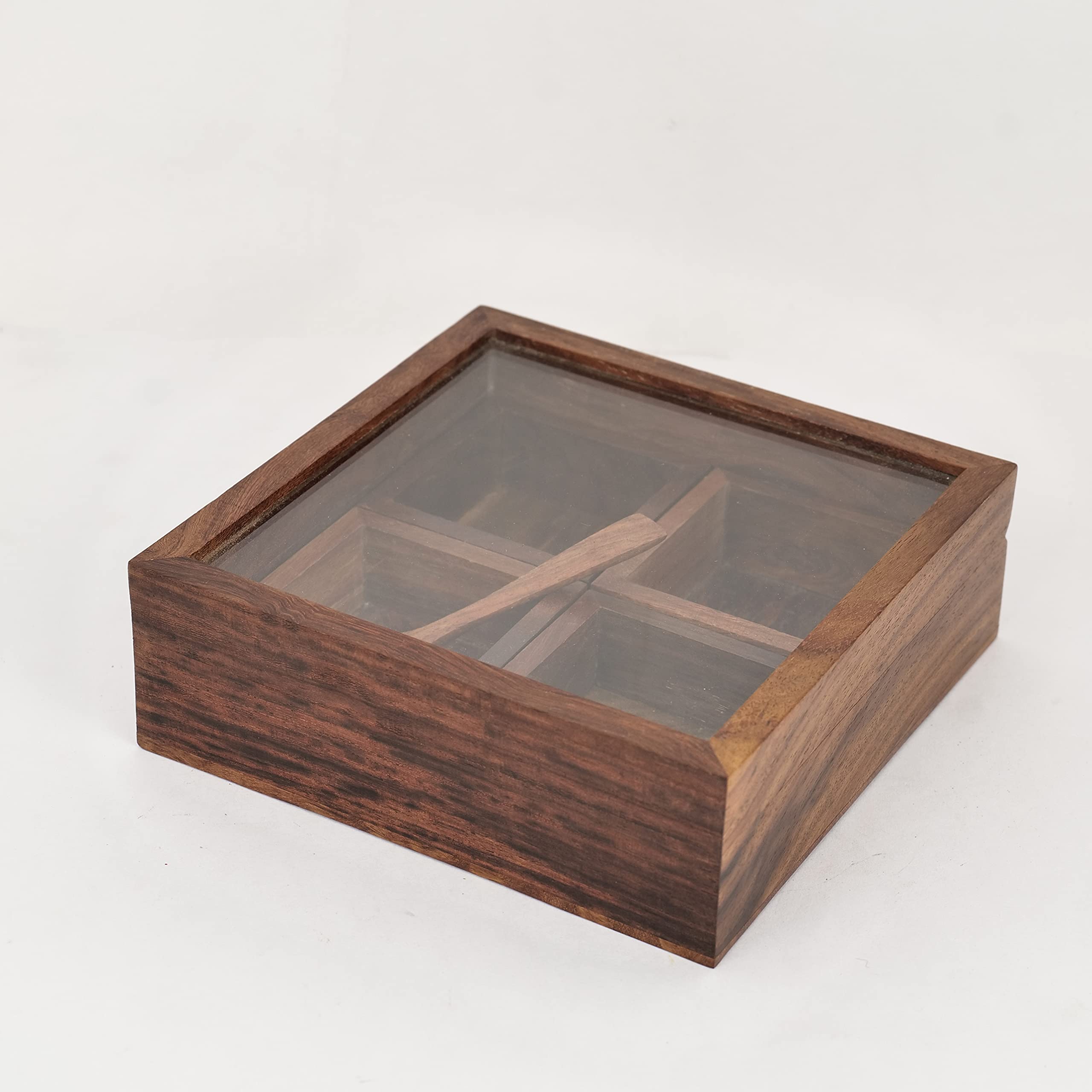 Artysta 'Squared Spices' Wooden Masala Box For Kitchen | Wooden Spice Box Square Spice Storage Container | 4 Spice Containers & Spoon - Image 4 thumbnail