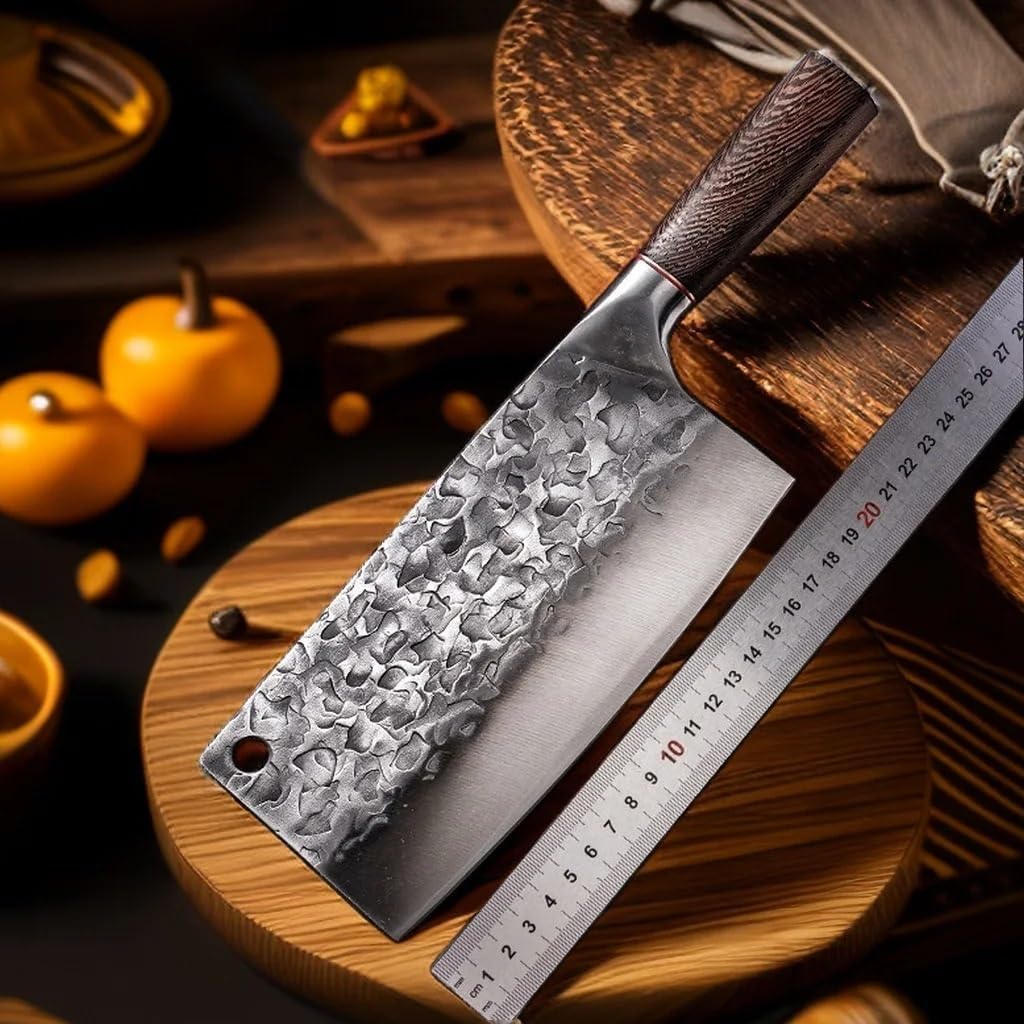 Cleaver Knife, Slicing Chopping Knife Hand Forged Kitchen Knife Solid Wood Clad Steel Handle 5Cr15 High Carbon Steel High Hardness Sharp
