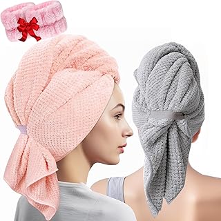 Microfiber Hair Towel, 2 Pack Large Microfiber Hair Towel,Towel Turban for Wet Hair Anti Frizz Hair Towel Wrap Quick Fast Drying with Strap Plopping Curly Hair Travel Gifts for Women 43"