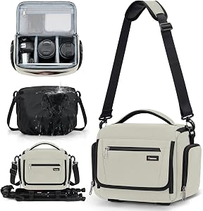 RAINSMORE Camera Bag, DSLR/SLR/Mirrorless Camera Bags for Photographers Waterproof Camera Case Bag with Tripod Holder & Rain Cover Small Camera Sling Crossbody Bag for Canon/Nikon/Sony/Fuji, Beige