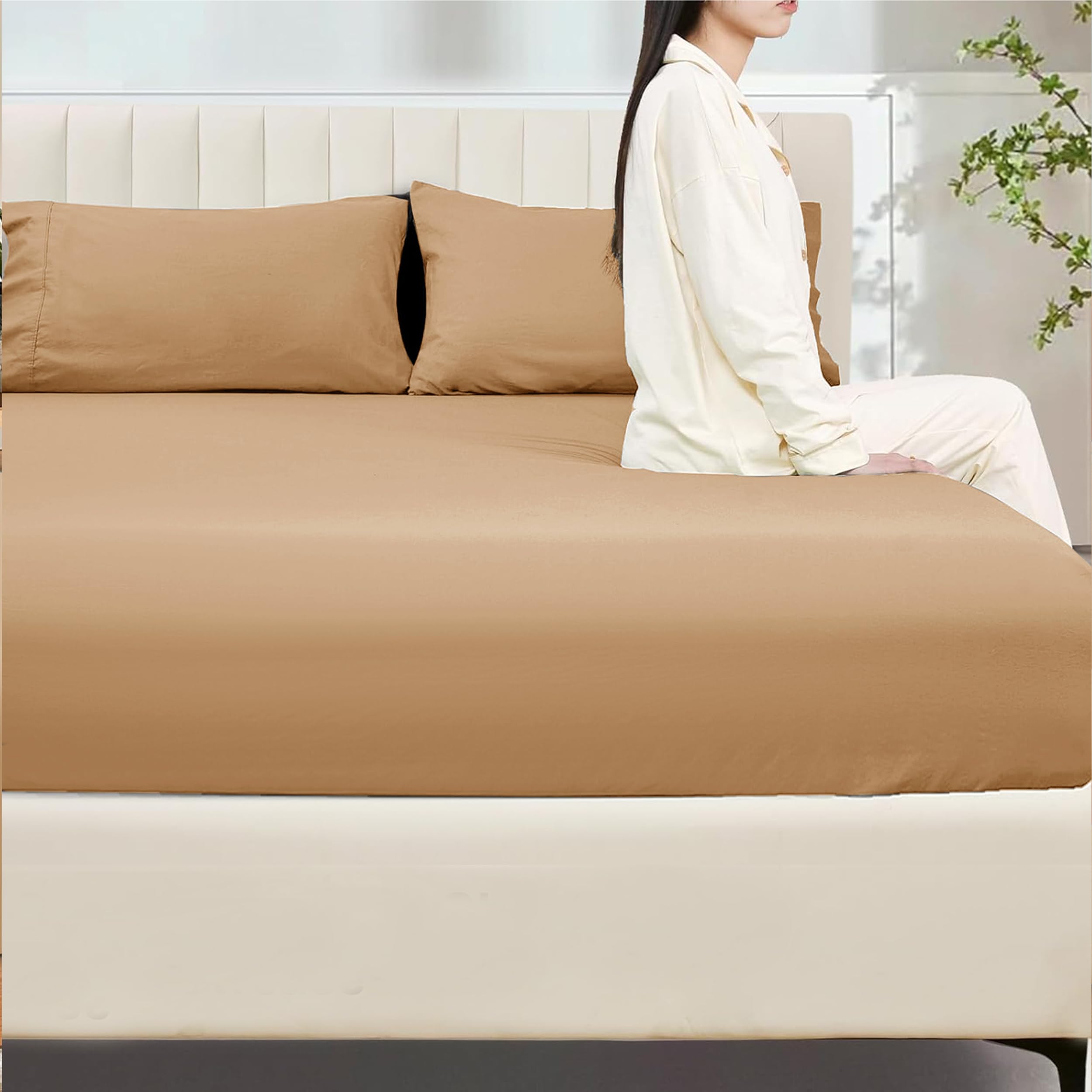 My Home Store Fitted Sheet 100% Egyptian Cotton 300TC Hotel Quality 30 cm Fitted Bedsheets (Beige, Super King) - Image 2