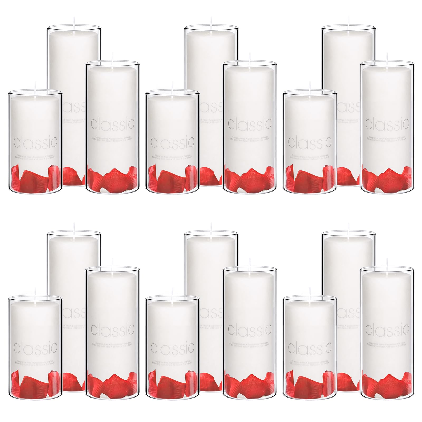 KZITLFE 36 Pcs Pillar Candles and Glass - Wedding Candles for Tables?2.6'' X 4.7'', 6'', 8'' White Pillar Candles Bulk in Glass for Weddings, Parties, Dinners Decorative(18 Set)