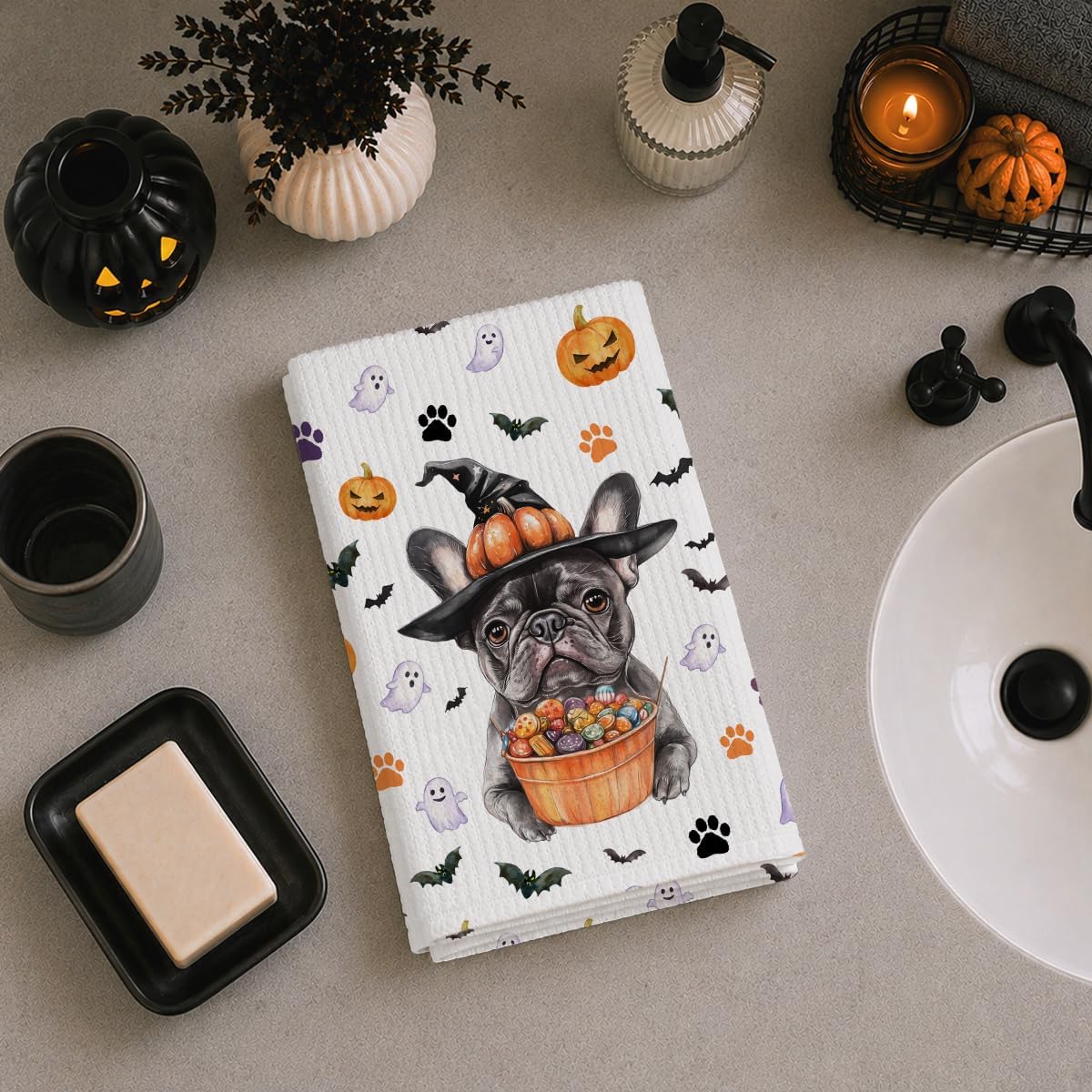 Halloween Dog Kitchen Towels, French Bulldog Gift Decor Dish Towels 02