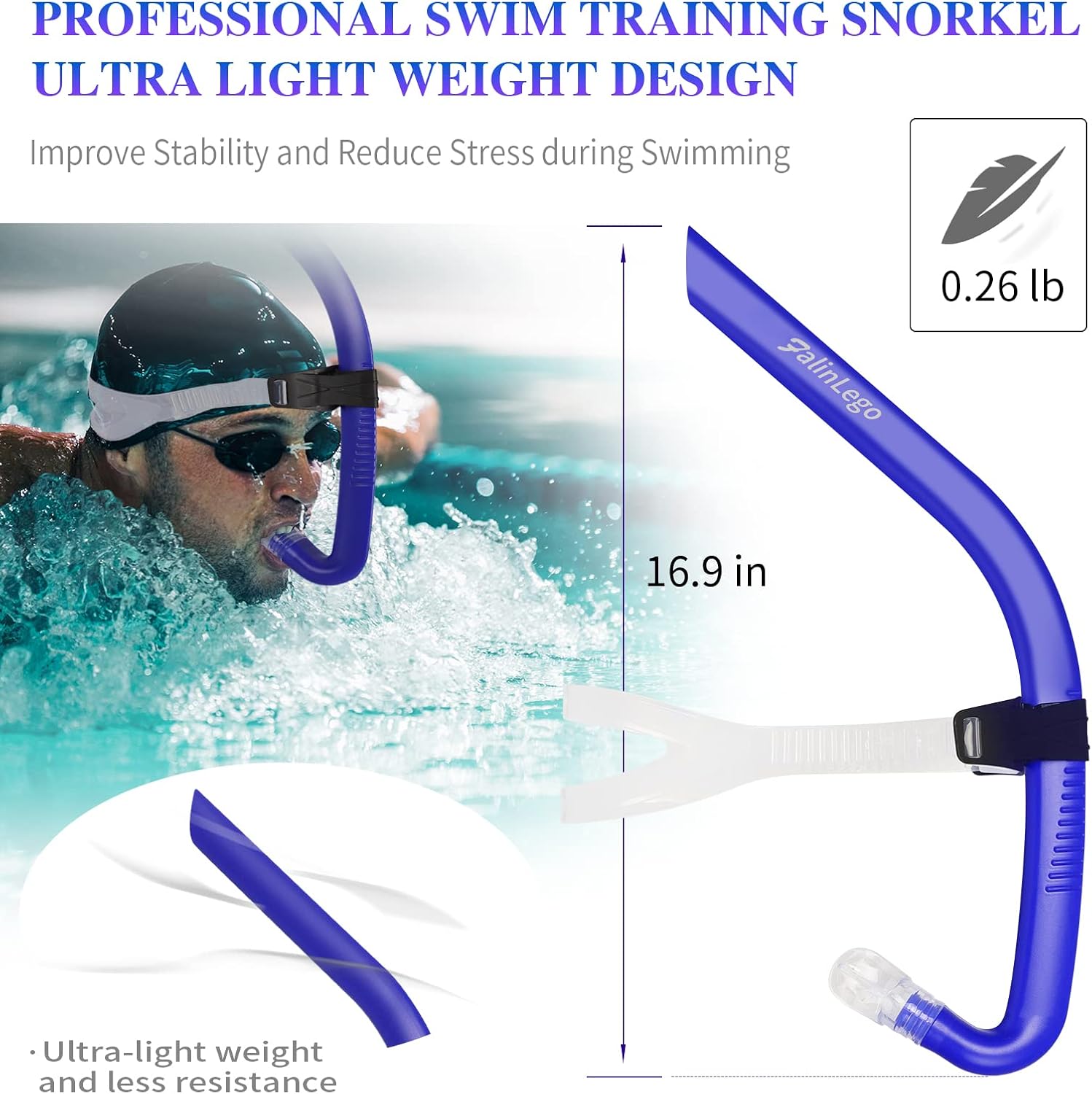 Swim Snorkel for Lap Swimming, Swim Training Snorkel Front Mounted Training Gear with Comfortable Head Pads and Food-Grade Silicone Mouthpiece for Pool Open Water, Adult