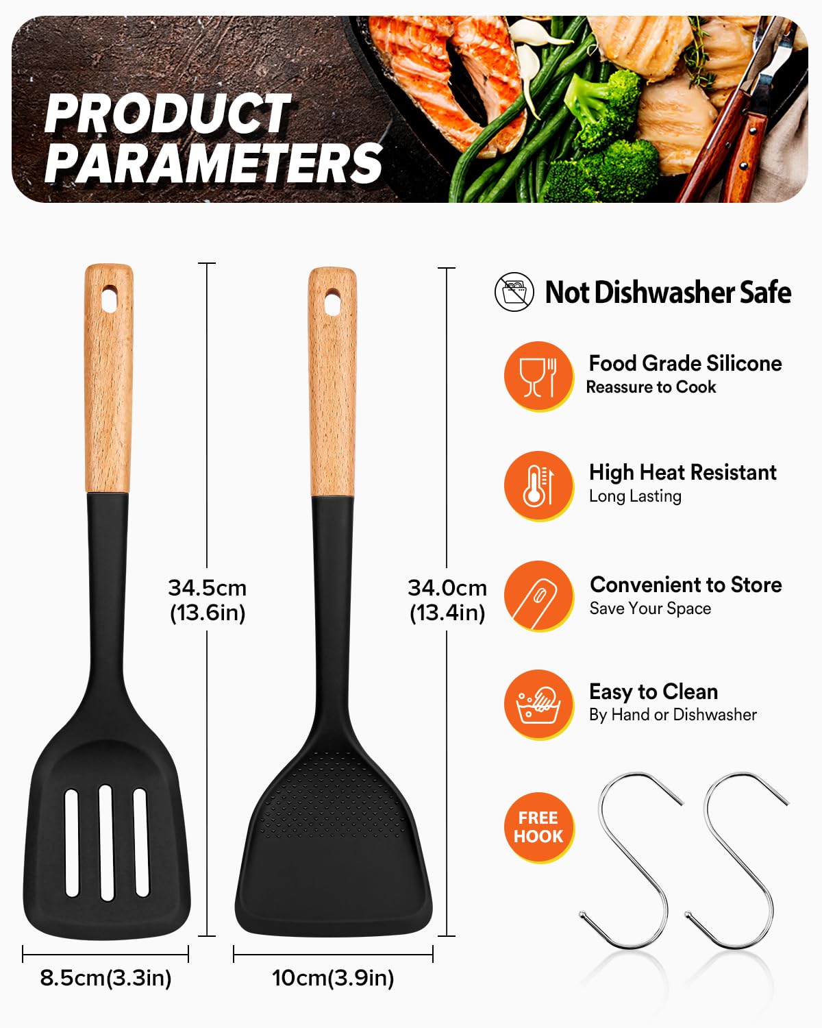 Silicone Wok Spatula Turner Set, Perfect for Scooping, Flipping, Lifting Pancakes and Picking up Veggies, BPA-Free Matte Silicone, Wooden Handles, Safe for Nonstick Cooking Surfaces (Black)