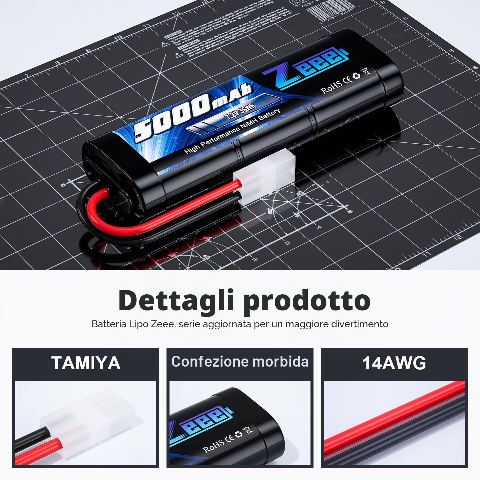 Zeee 7,2V 5000mAh RC NiMH Batteria con TAMIYA plug (2 pezzi) | Batteria RC per HPI losi kyosho Tamiya camioncino