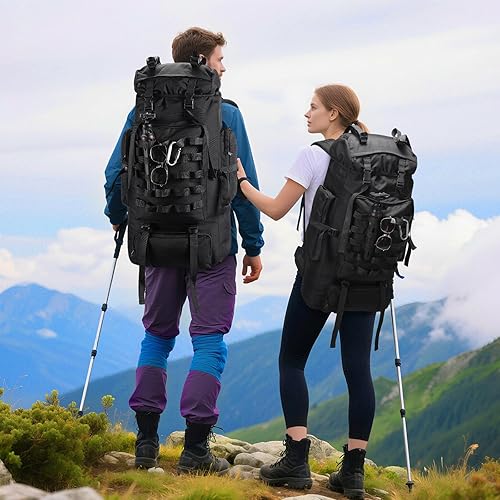Miniatura 6 de Mochila de senderismo para acampar de 70 litros con cubierta de lluvia, mochila táctica militar grande, mochila impermeable Molle para viajes para