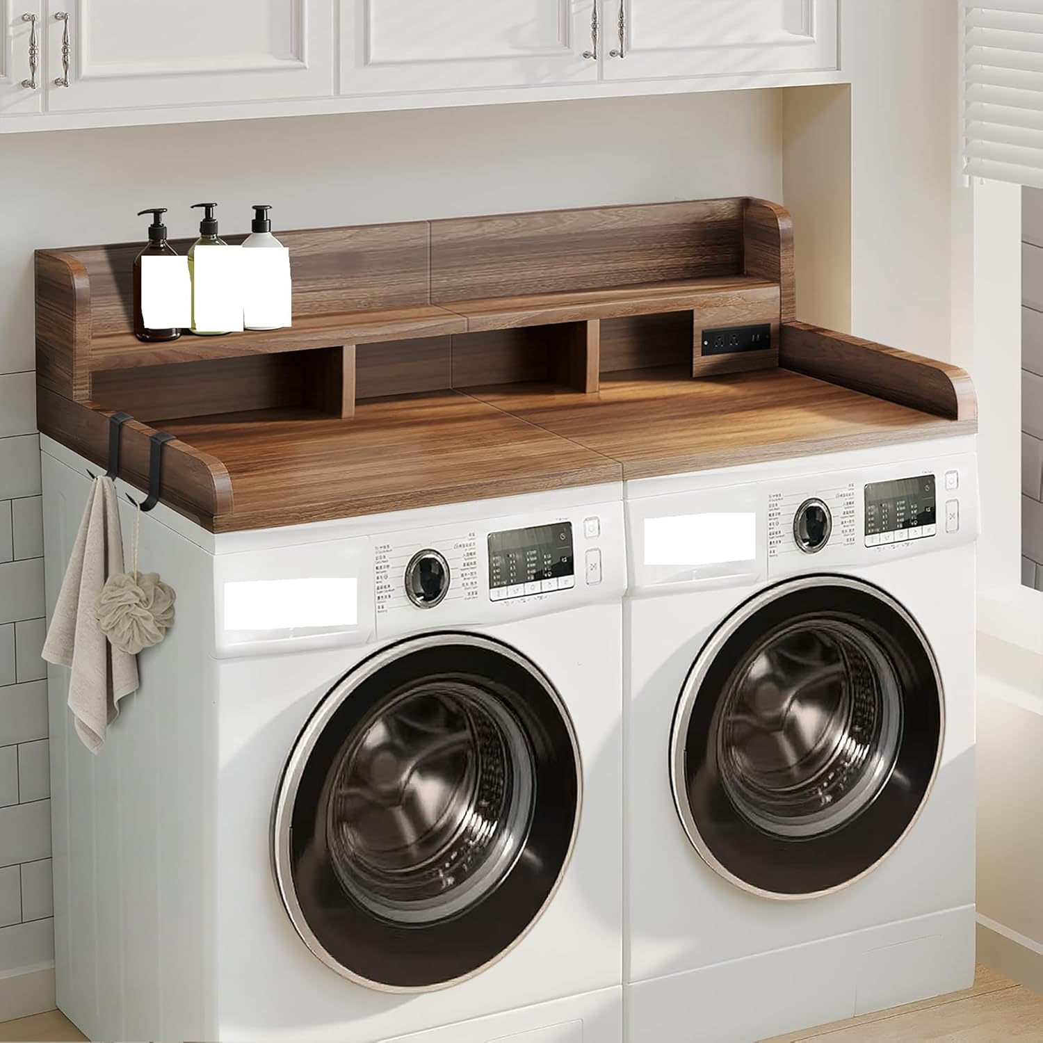 2-Tier Over Washer & Dryer Countertop with Power Outlet – 54"x27.5" Extra-Large Laundry Topper, Non-Slip Pads, 2 Heavy-Duty Hooks, Storage Basket, 4-in-1 Power & USB Charging (Walnut)