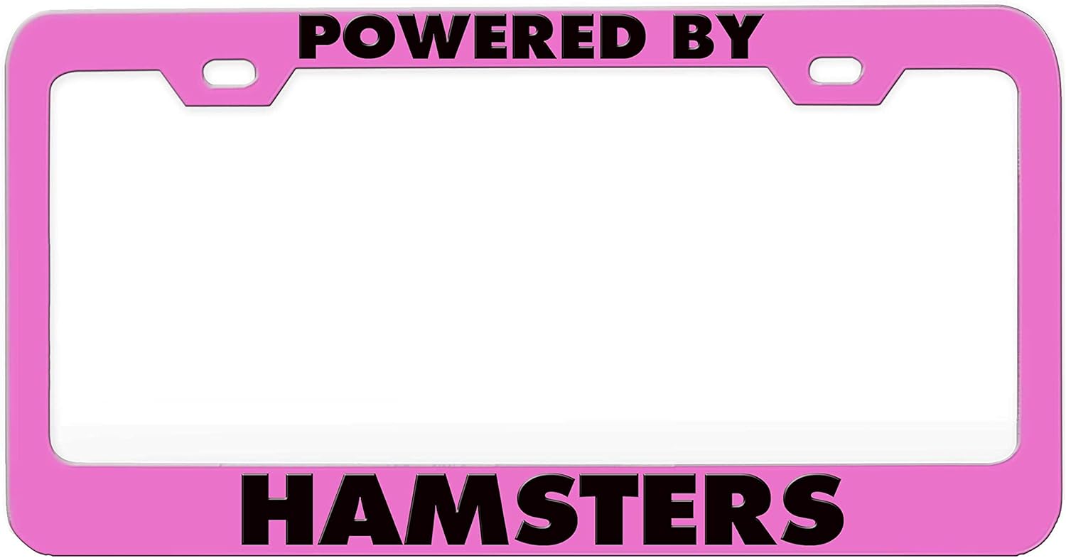 Powered by Hamsters Humor Funny Pink Steel Metal License Plate Frame Auto Car SUV Tag Holder, P25