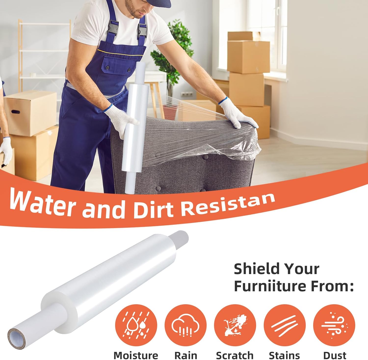 15inch Shrink Wrap Roll with Handle, Clear1200ft 60 Gauge Stretch Wrap Roll, Industrial Strength Stretch Film with Extended Cardboard Handles, Plastic Wrap for Pallet Packing Moving