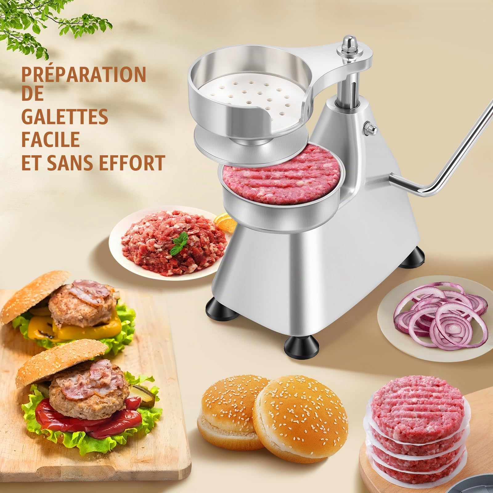 Moongiantgo 3-en-1 Presse à Hamburger Manuelle en Acier Inoxydable | Machine à Burger Commerciale, 3 Plateaux de Tailles 4/5/6" &1500 Papiers Cirés pour Extérieur Cuisine Restaurant (10/13/15CM)
