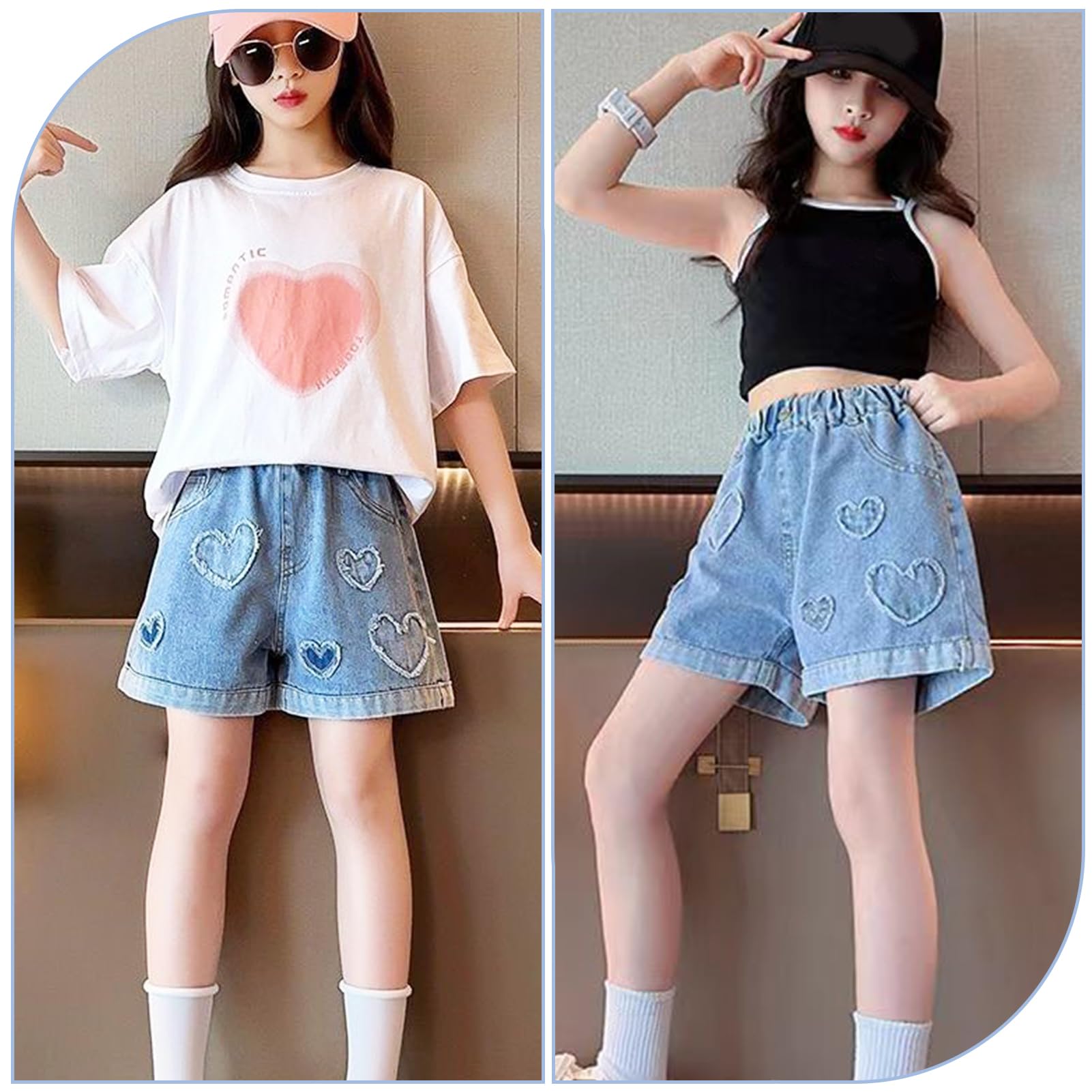Shorts Mädchen Jeansshorts Kinder Denim Kurze Hose 2er-Pack Sommer Baumwolle Hosen mit Modische Druck