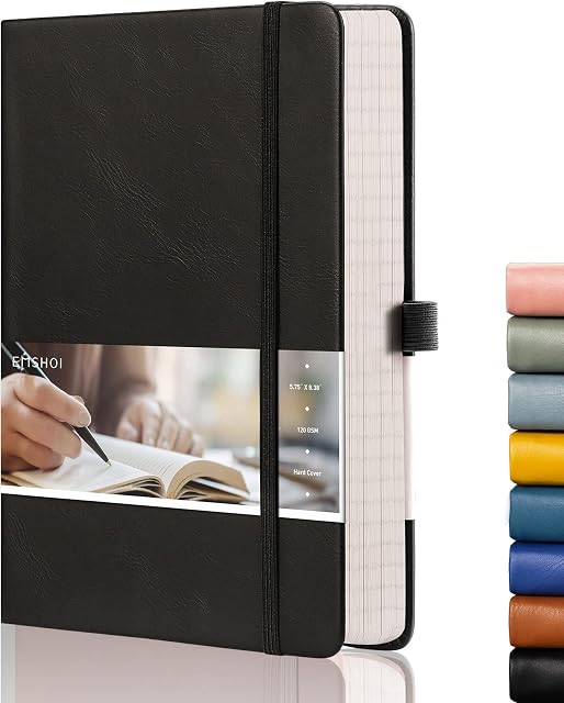 EMSHOI Graph Paper Notebook - 256 Pages A5 Graph Notebook/Journal, Hard Cover, 120gsm Thick Paper, Smooth PU Leather, Inner Pocket, 5.75'' × 8.38''-Black