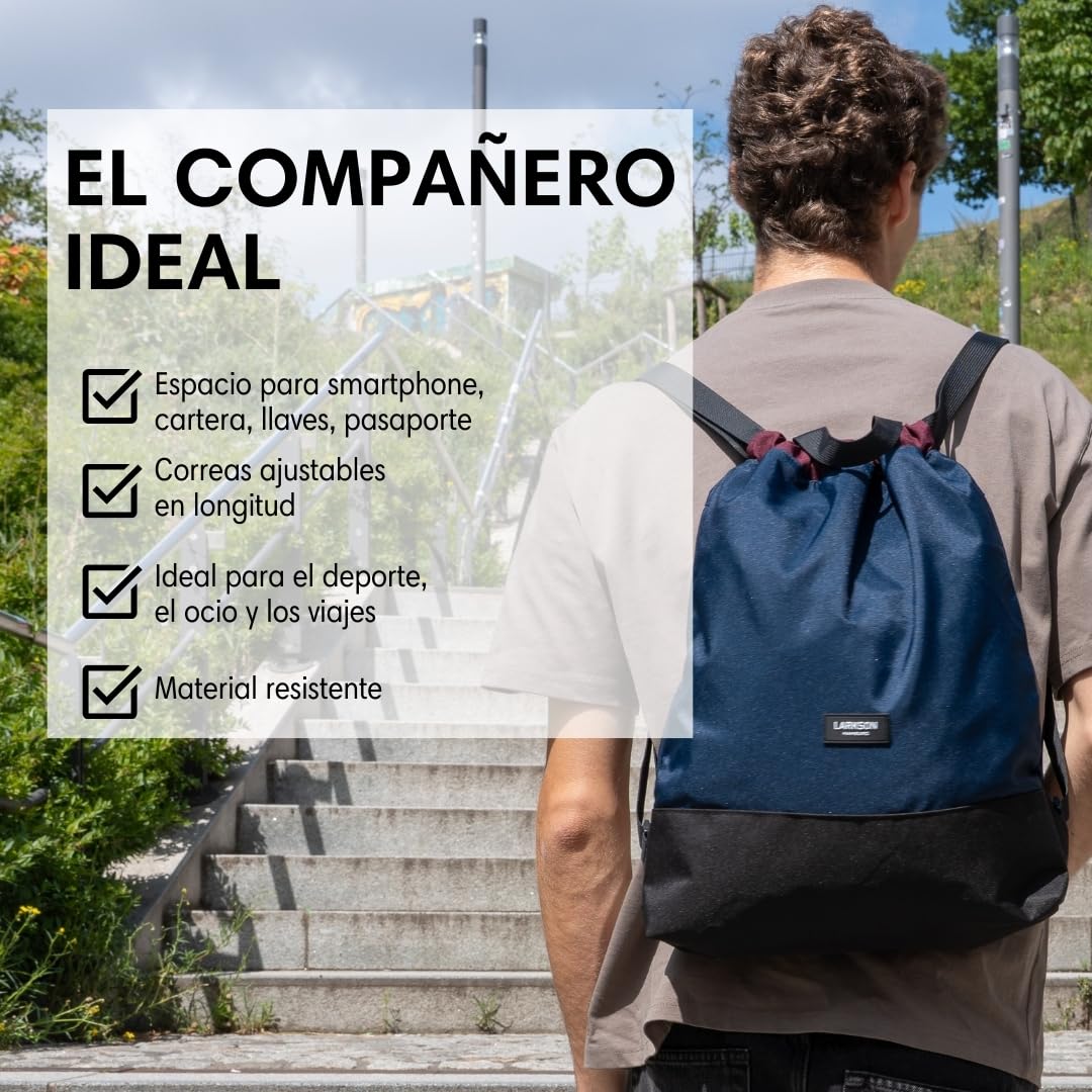 LARKSON Bolso de Deporte para Hombre y Mujer Beis Gris - No 7 - Bolsa para niños con Cordón - Mochila pequeña de tela para el Gimnasio - Material reciclado — view 3