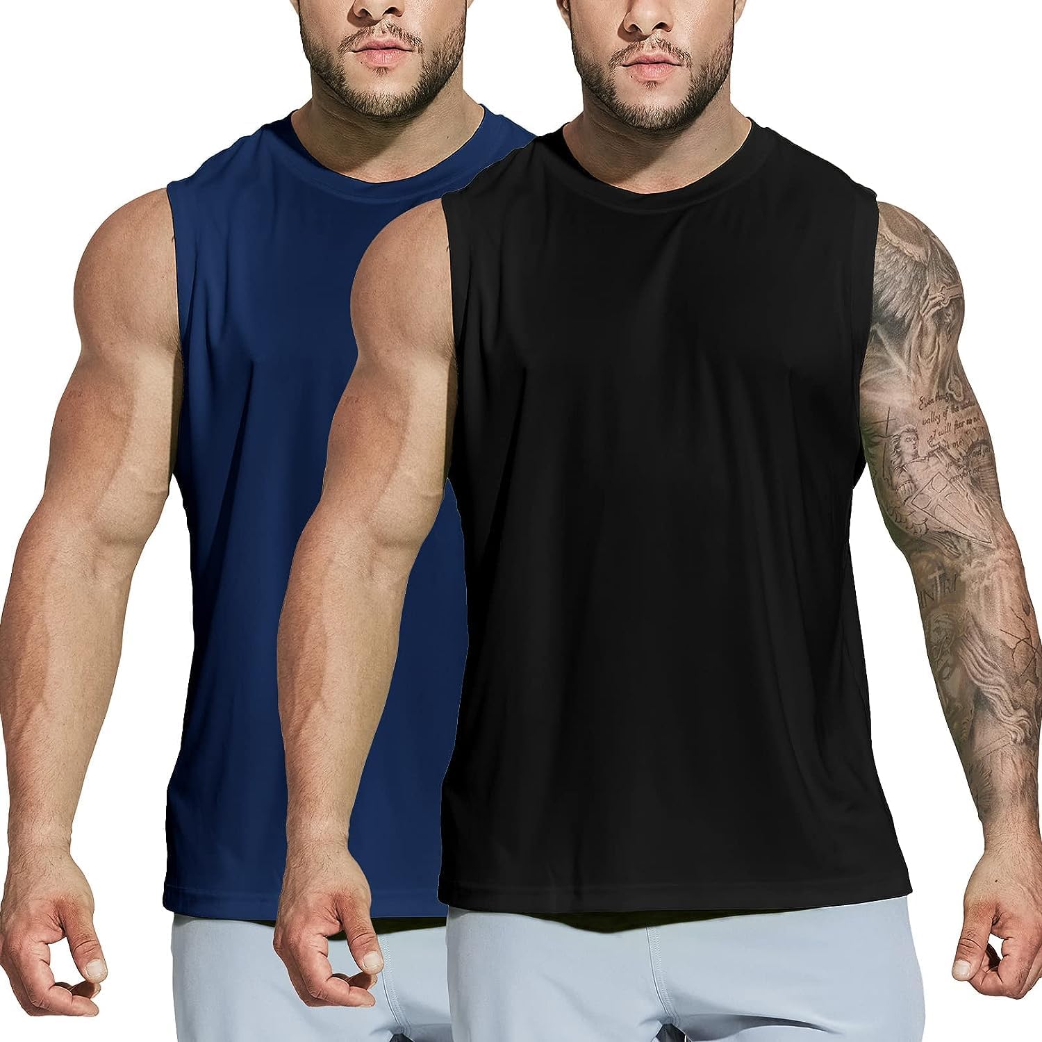 NOTWILD Men's Sleeveless Workout Swim T-Shirts Quick Dry Running Tank Tops Cotton Gym Muscle Tees Combo Pack of 2 Black and Blue Color-picture-10
