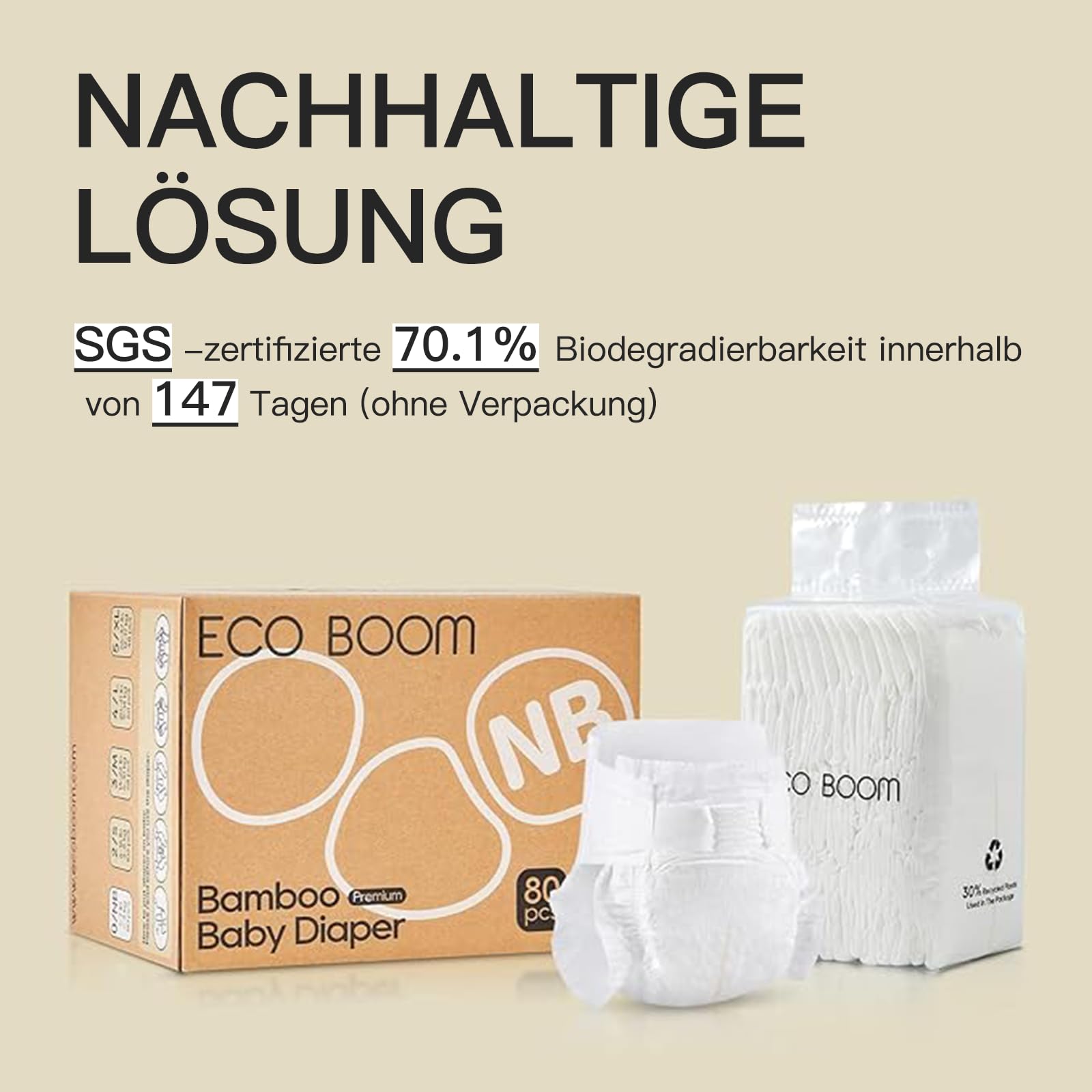 ECO BOOM Baby Premium - Pañales ecológicos de bambú, tamaño 1 (<4,5 kg), para piel sensible del bebé, caja de medio mes, 80 unidades